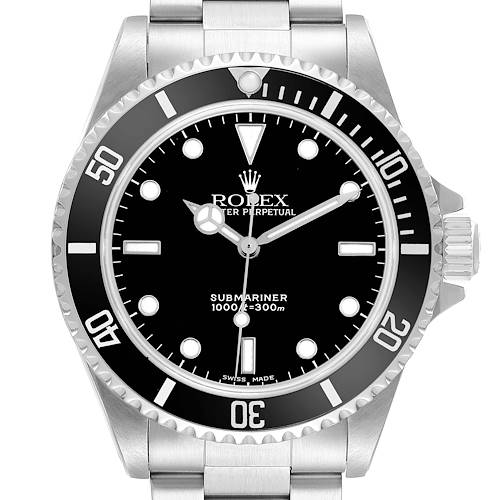 The Rolex Submariner 14060 Men's Stainless Steel Black Dial watch is shown from the front, displaying the dial, bezel, and part of the bracelet.