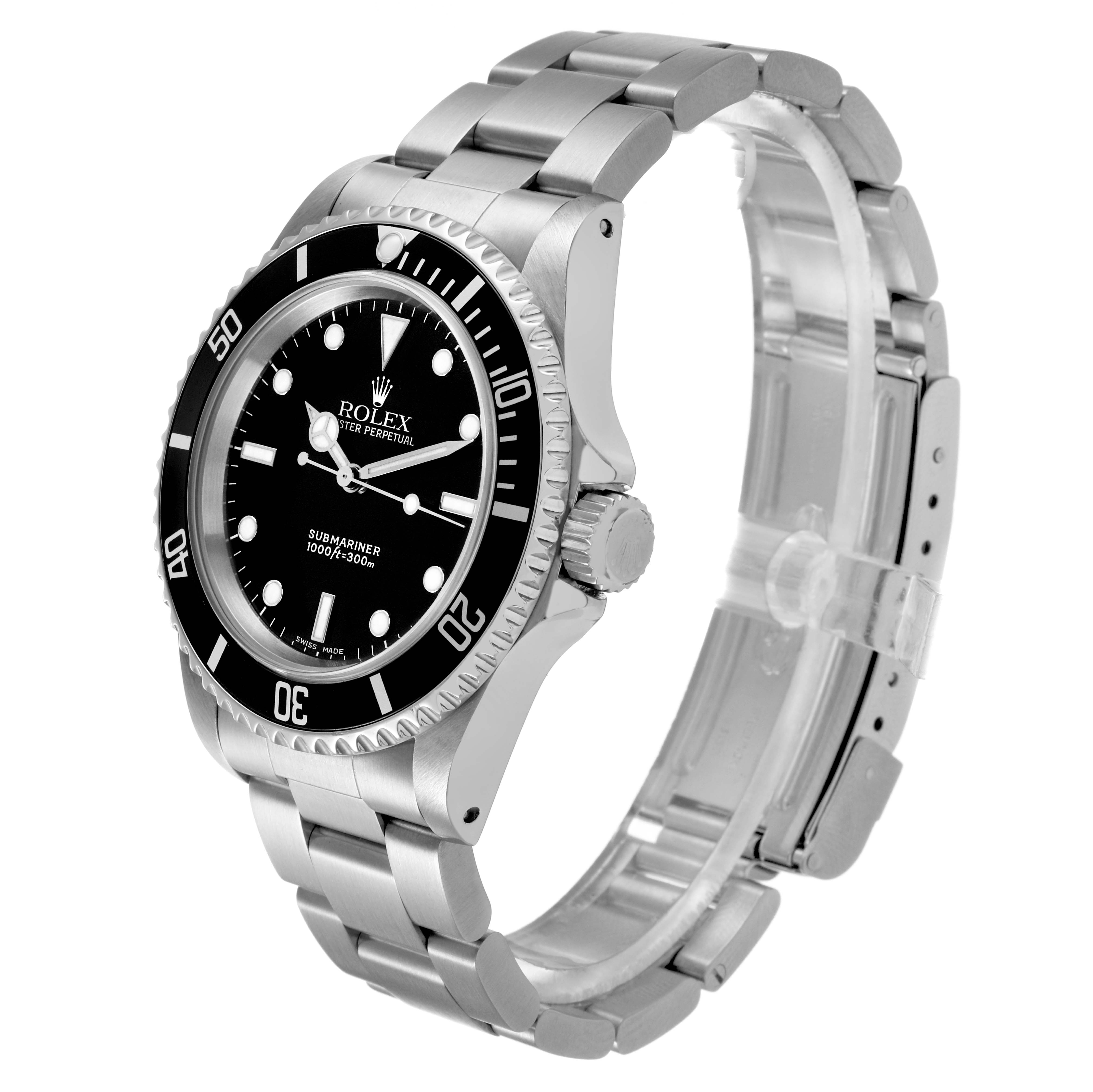 The Rolex Submariner 14060 Men's Stainless Steel Black Dial watch is shown from a three-quarter view, highlighting the face, bezel, and stainless steel bracelet.