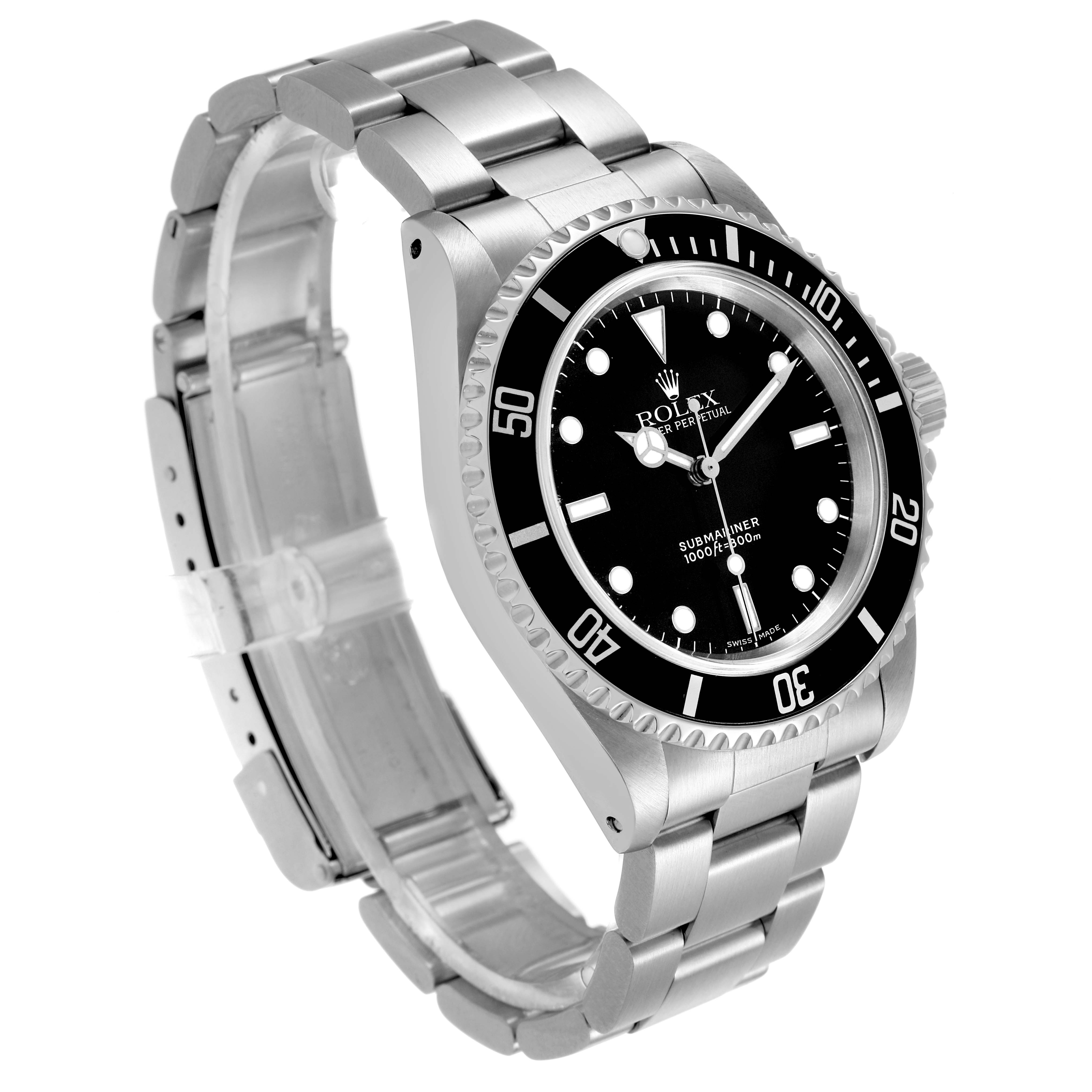The Rolex Submariner 14060 Men's Stainless Steel Black Dial is shown from a three-quarter angle highlighting the dial, bezel, and bracelet.