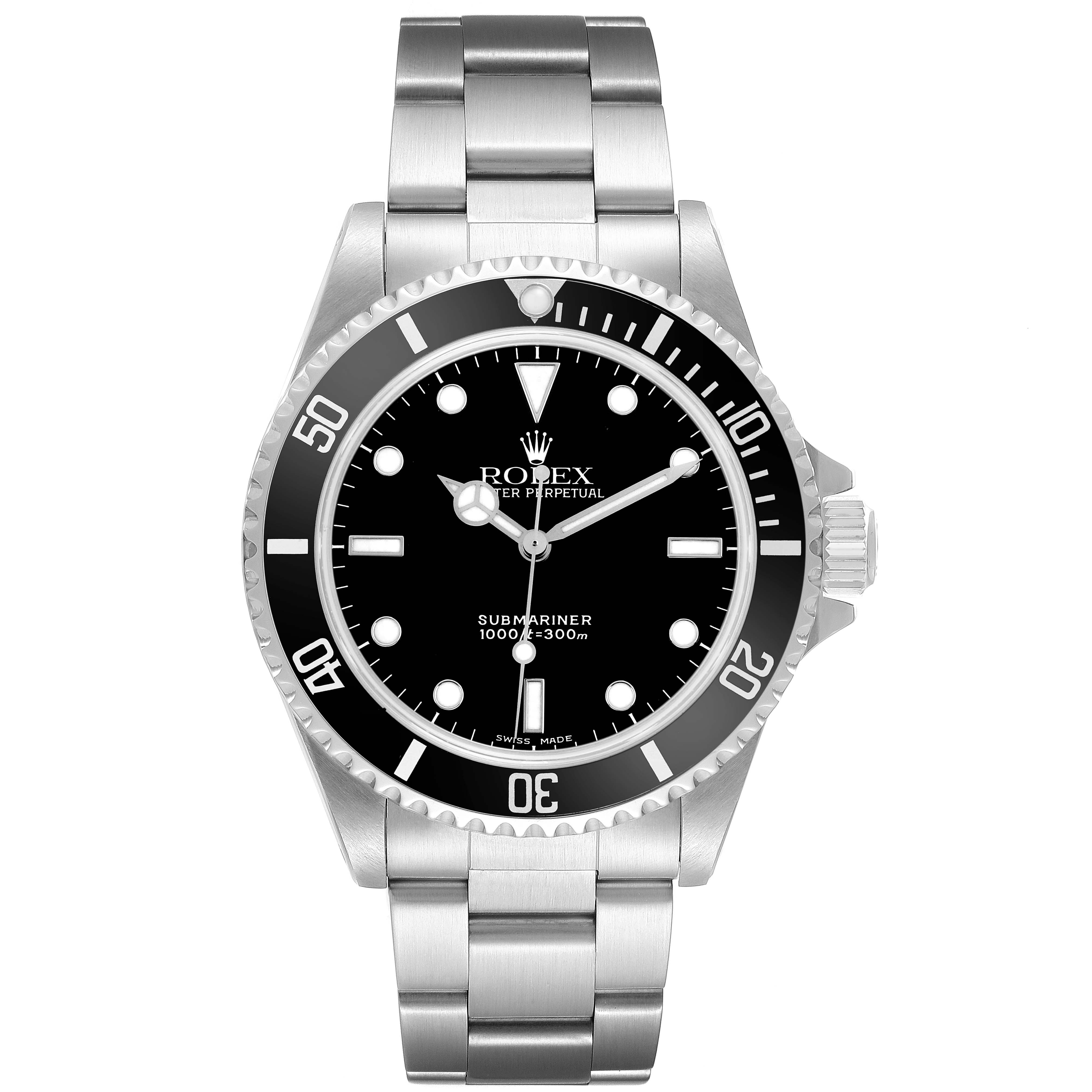 The Rolex Submariner 14060 Men's Stainless Steel Black Dial is shown from a top-down angle, featuring the bezel, dial, hands, bracelet, and crown.