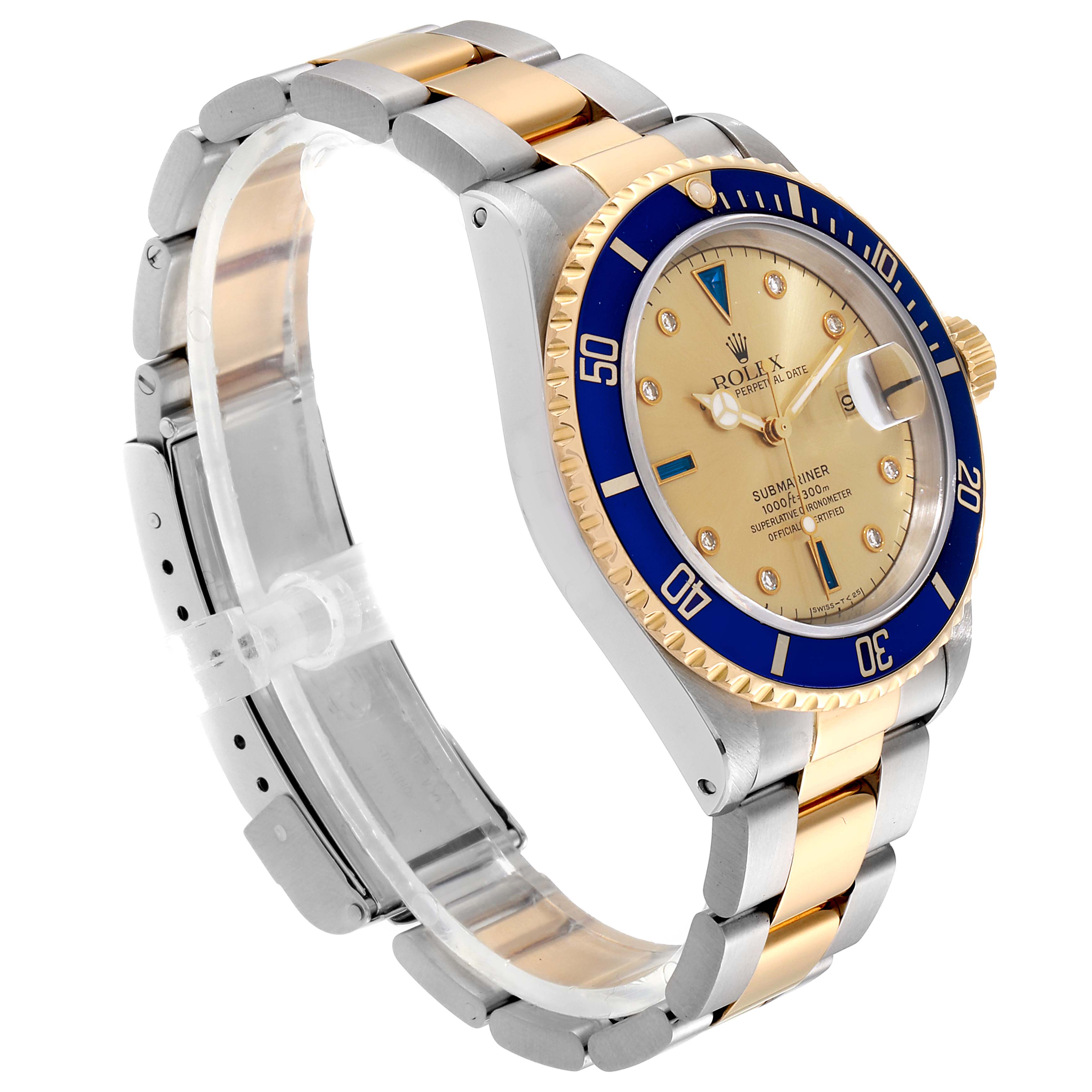 This Rolex Submariner 16613 Men
s Steel and Gold (two tone) Champagne Dial 16613 Men
s Steel and Gold (two tone) Champagne Dial watch is shown at an angle highlighting the face, bezel, crown, and two-tone bracelet.
