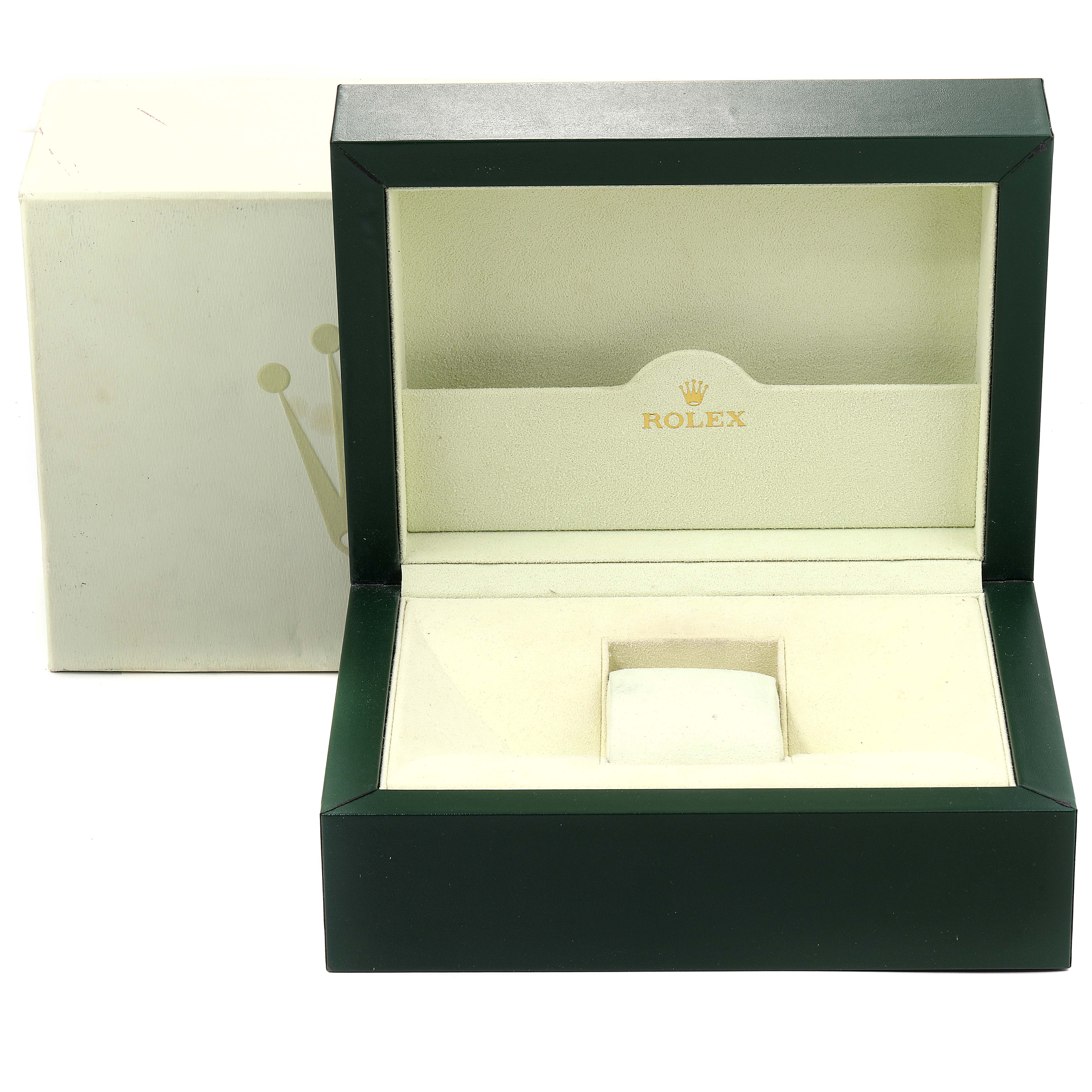 This is an open Rolex Submariner 16613 Men
s Steel and Gold (two tone) Champagne Dial 16613 Men
s Steel and Gold (two tone) Champagne Dial watch box, showing the interior cushioning and Rolex logo.