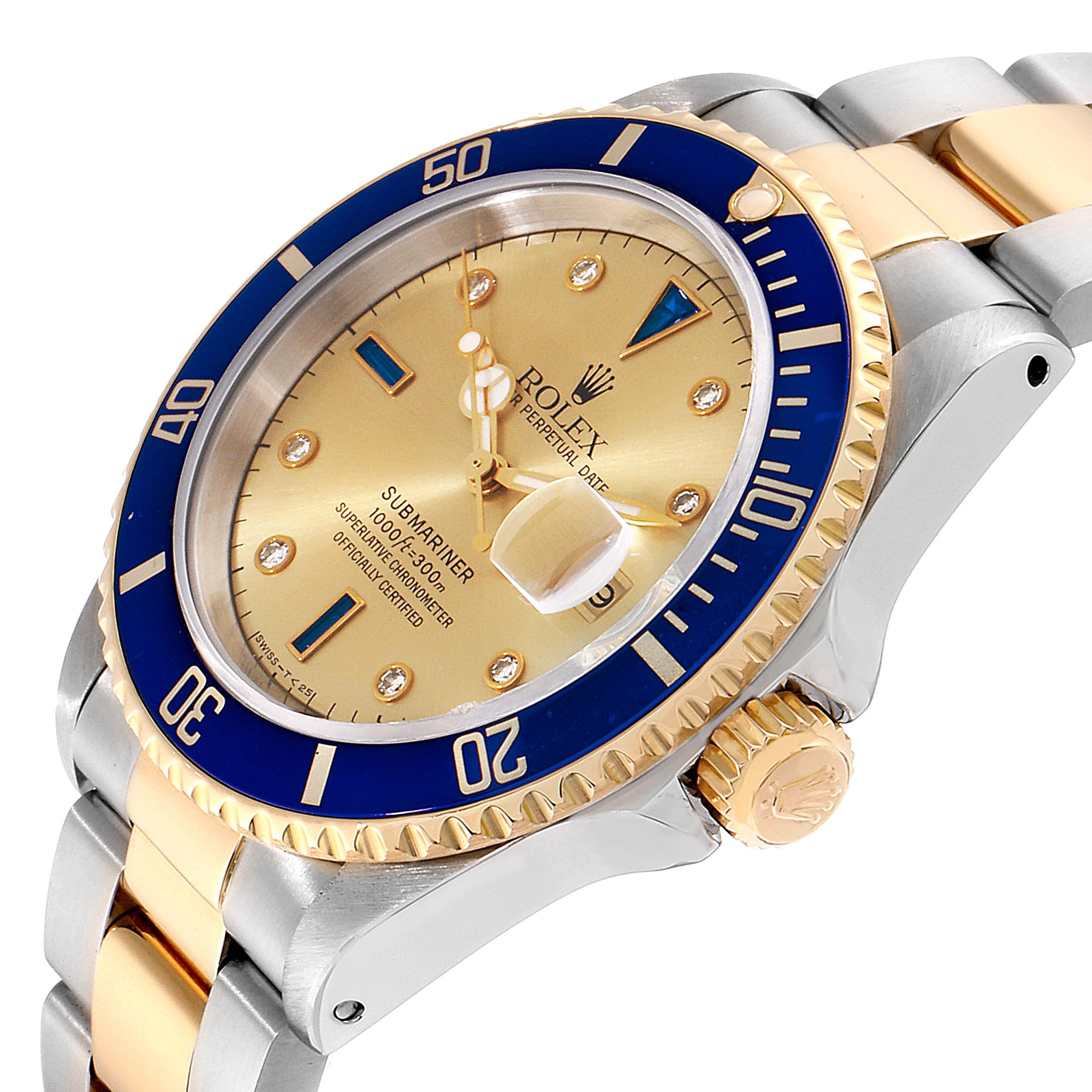 The image shows a Rolex Submariner 16613 Men
s Steel and Gold (two tone) Champagne Dial 16613 Men
s Steel and Gold (two tone) Champagne Dial watch at a 3/4 angle, highlighting its dial, bezel, and side profile.