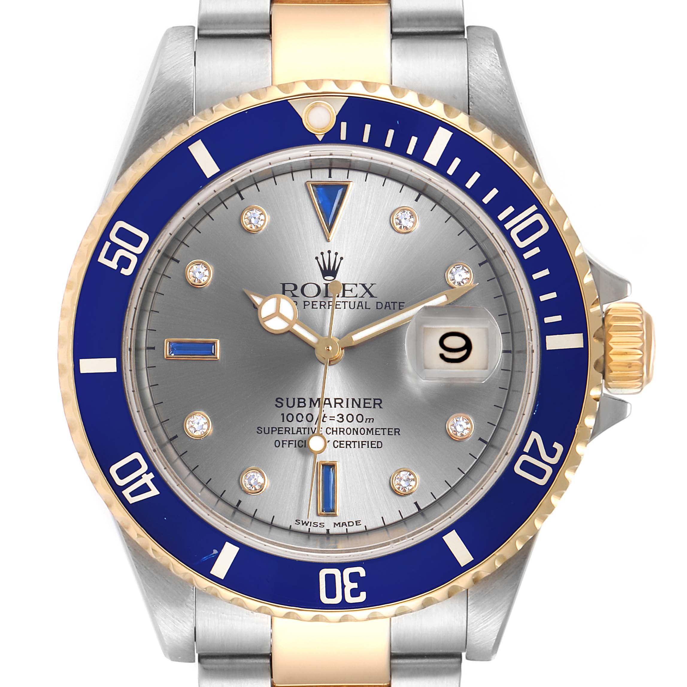 The image shows a front view of the Rolex Submariner 16613 Men's Steel and Gold (two tone) Grey Dial 16613 Men's Steel and Gold (two tone) Grey Dial watch, featuring a blue bezel, gray dial, and magnified date display.