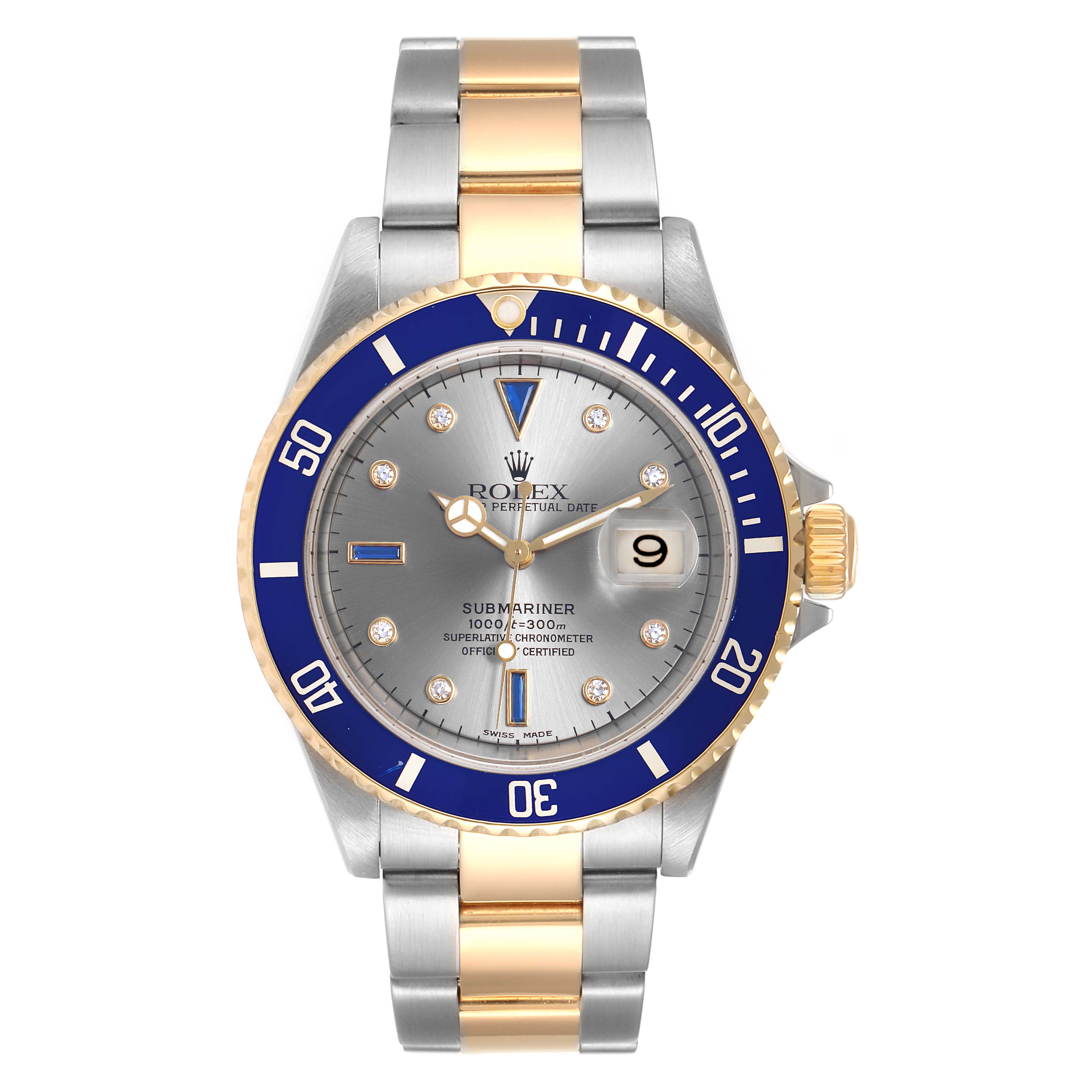 This is a front view of a Rolex Submariner 16613 Men's Steel and Gold (two tone) Grey Dial 16613 Men's Steel and Gold (two tone) Grey Dial, showcasing its bracelet, bezel, and dial with date.