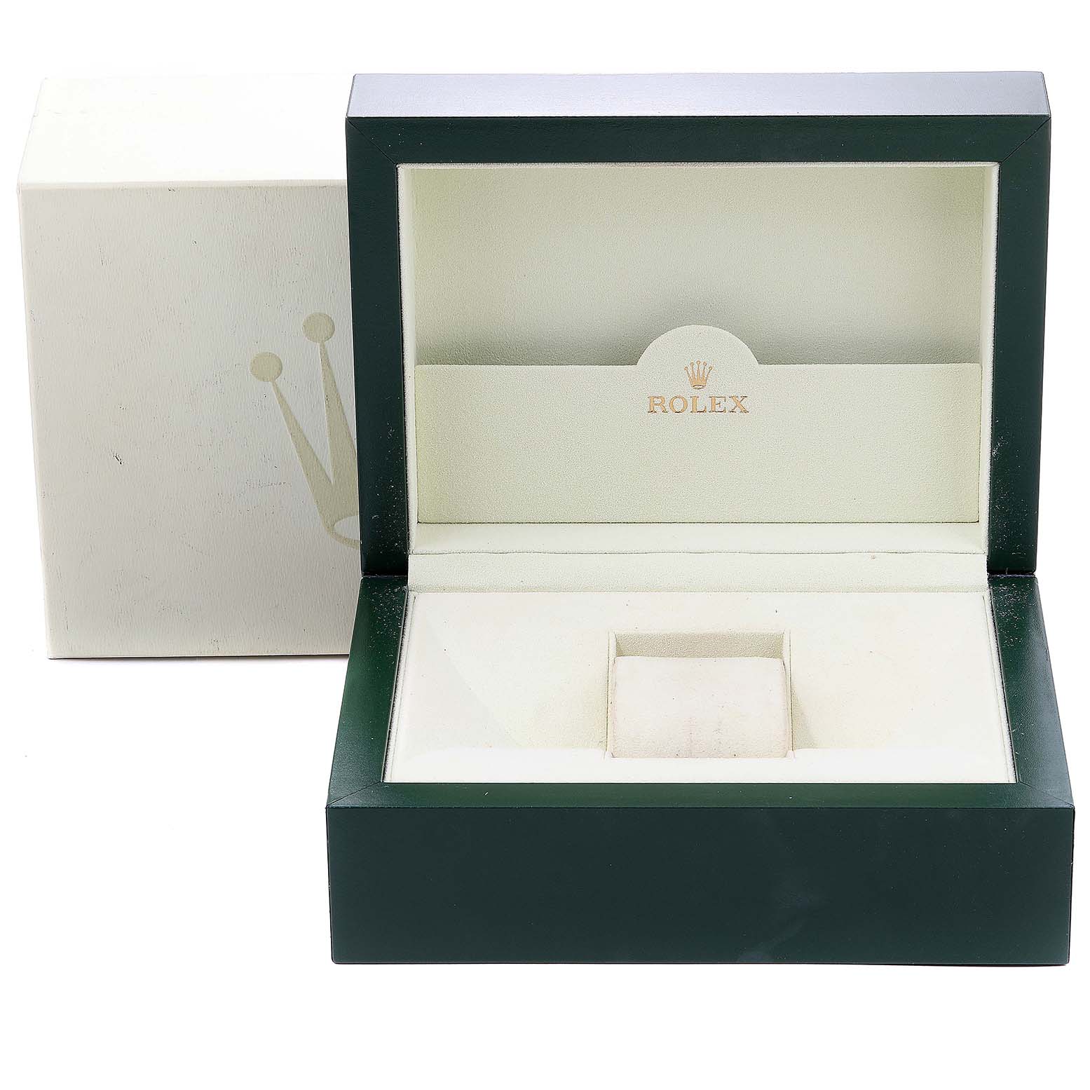 The image shows an open Rolex Submariner 16613 Men's Steel and Gold (two tone) Grey Dial 16613 Men's Steel and Gold (two tone) Grey Dial watch box with the brand's logo visible inside and an outer cardboard box behind it.