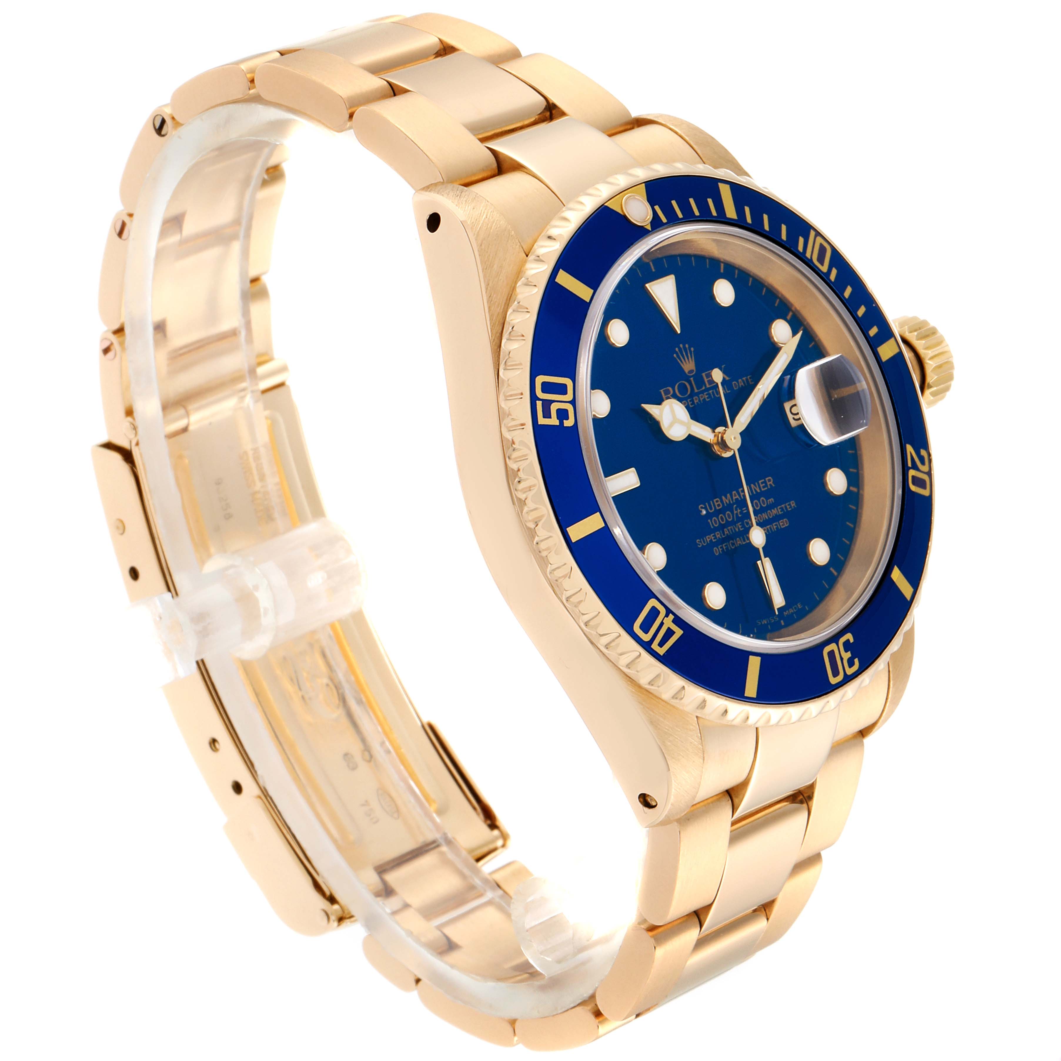 The image shows a Rolex Submariner 16618 Men's Yellow Gold Blue Dial 16618 Men's Yellow Gold Blue Dial watch at a slight angle, highlighting the face, bezel, crown, and bracelet.