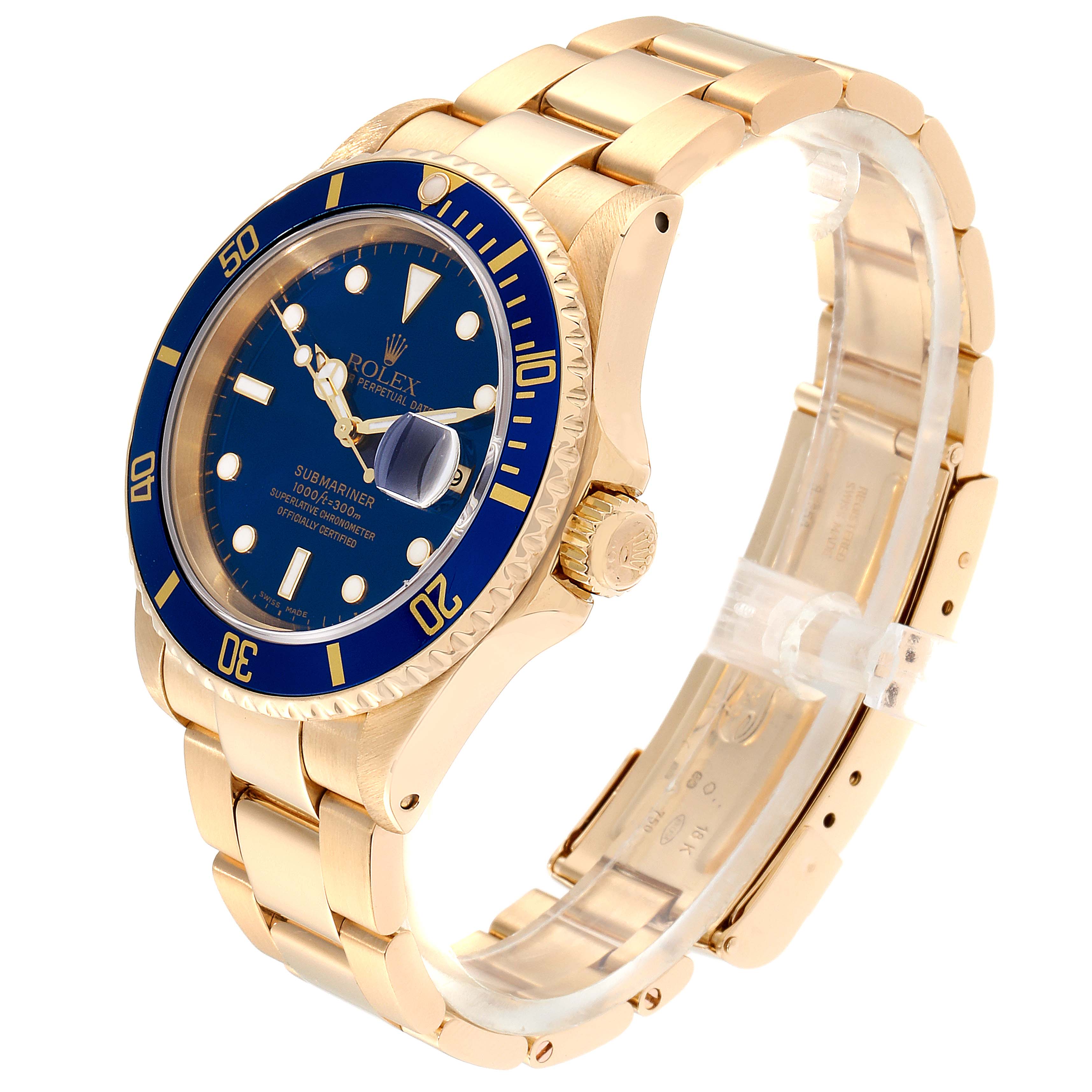 The Rolex Submariner 16618 Men's Yellow Gold Blue Dial 16618 Men's Yellow Gold Blue Dial watch is shown at a three-quarter angle, highlighting its blue dial, bezel, and gold bracelet.