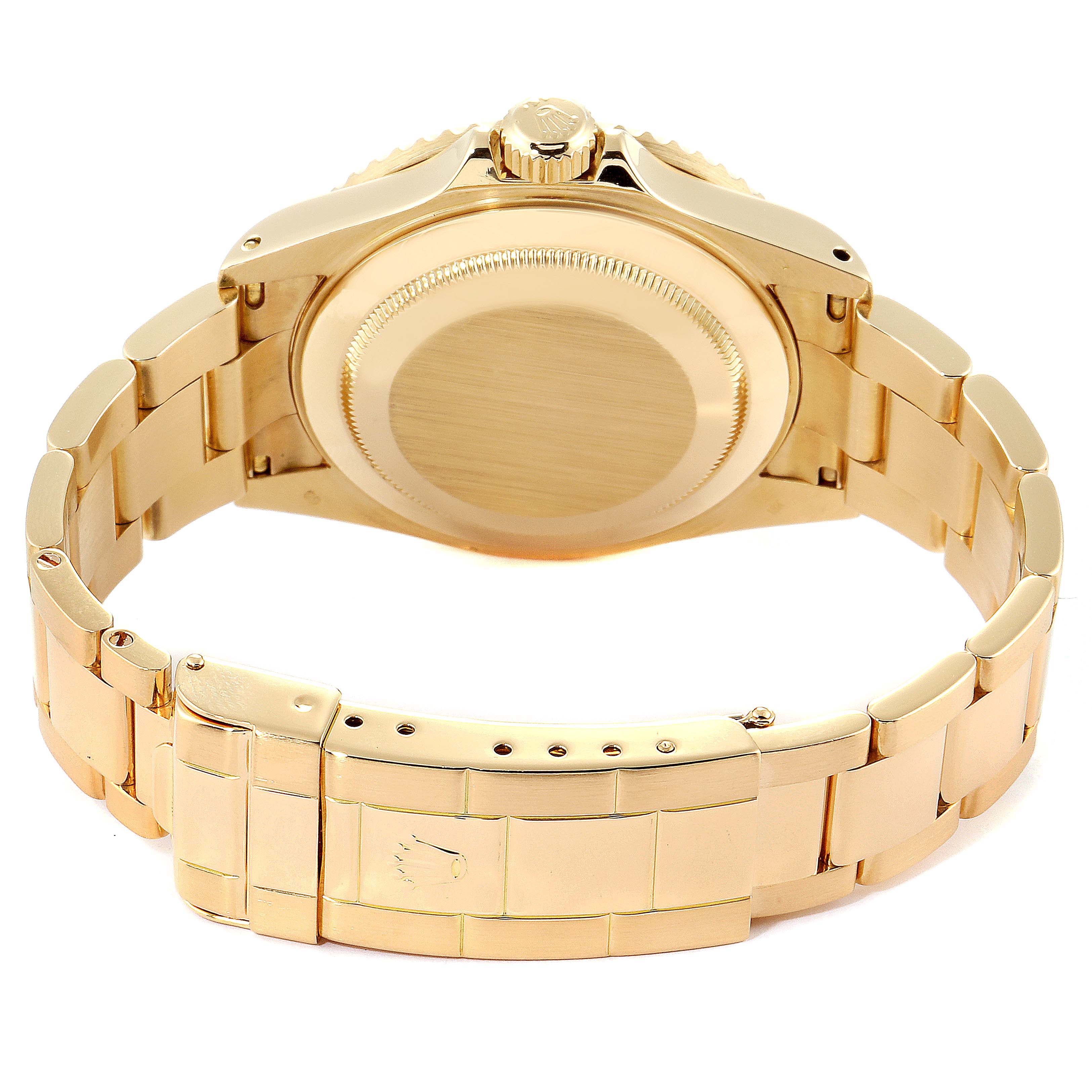 This image shows the back and bracelet of a Rolex Submariner 16618 Men's Yellow Gold Blue Dial 16618 Men's Yellow Gold Blue Dial watch, highlighting its clasp and case back.