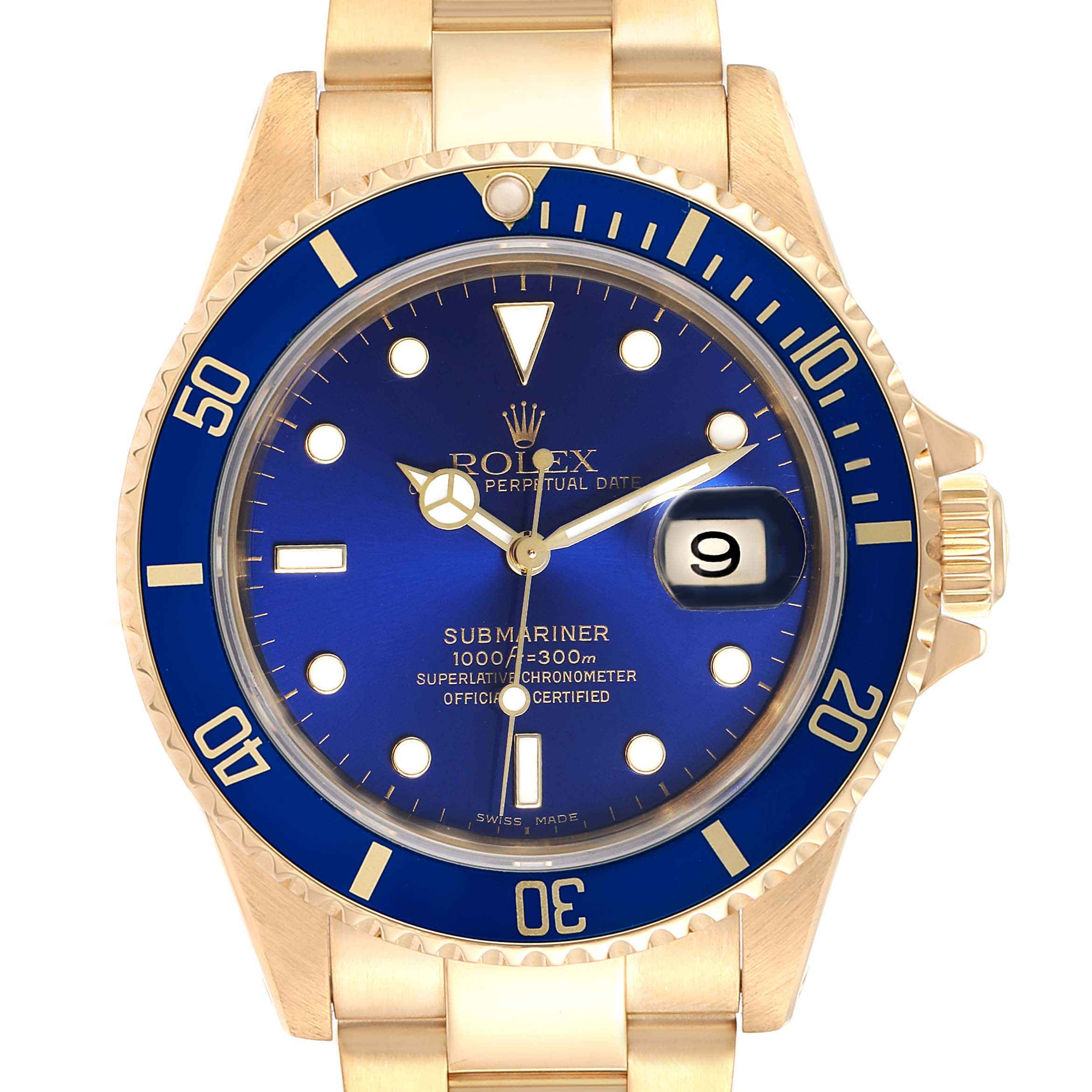 This image shows a front view of a Rolex Submariner 16618 Men's Yellow Gold Blue Dial 16618 Men's Yellow Gold Blue Dial watch featuring a blue dial and blue bezel with a gold band.