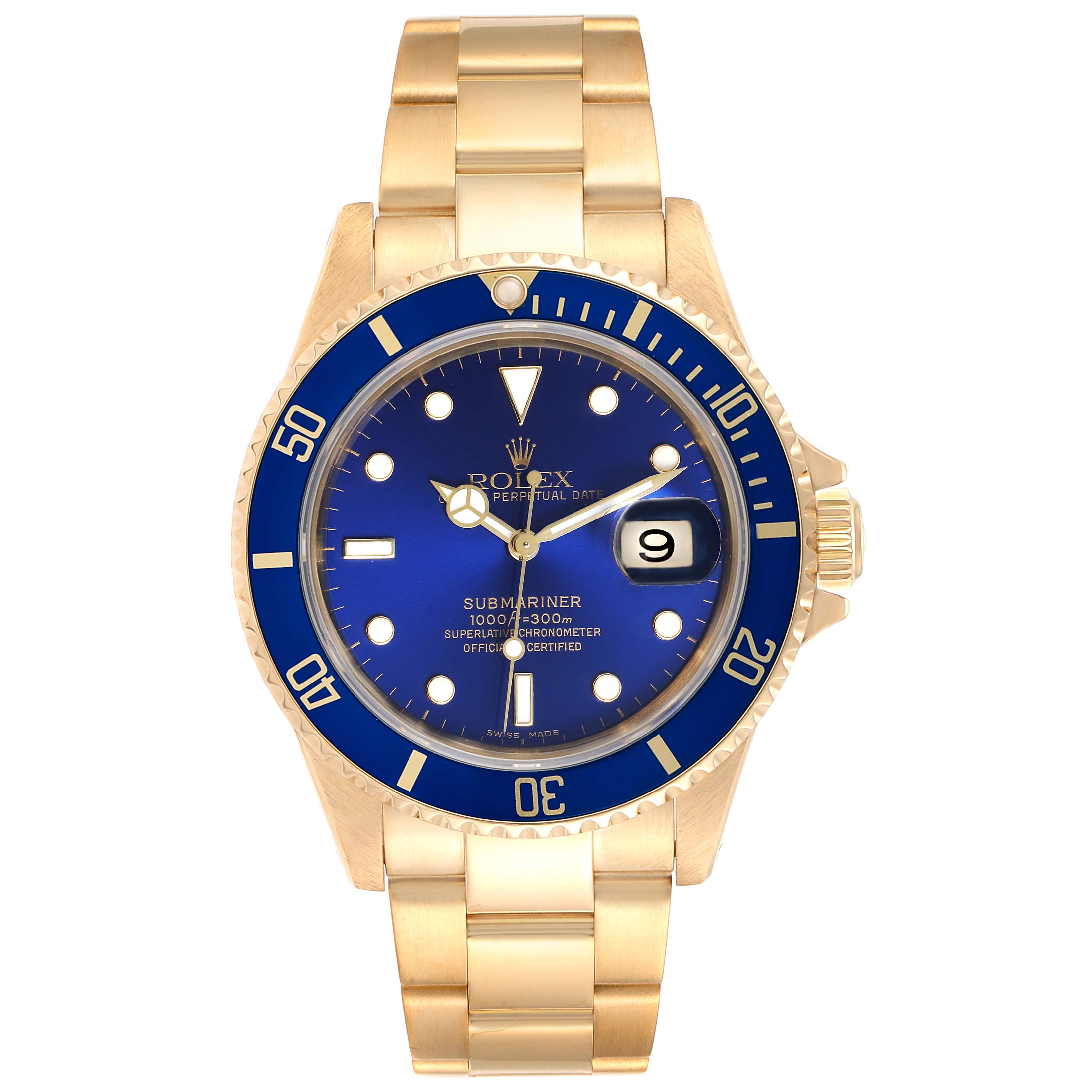 This image shows a frontal view of a Rolex Submariner 16618 Men's Yellow Gold Blue Dial 16618 Men's Yellow Gold Blue Dial watch, highlighting the blue dial, bezel, and the gold bracelet.