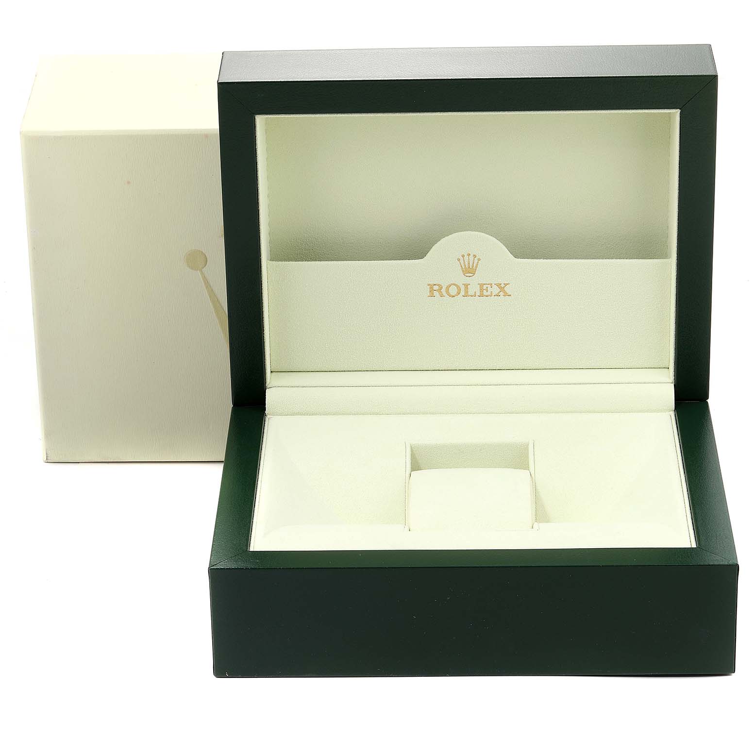 The image shows an open Rolex Submariner 16618 Men's Yellow Gold Blue Dial 16618 Men's Yellow Gold Blue Dial watch box from a frontal angle, displaying its cream interior and logo.