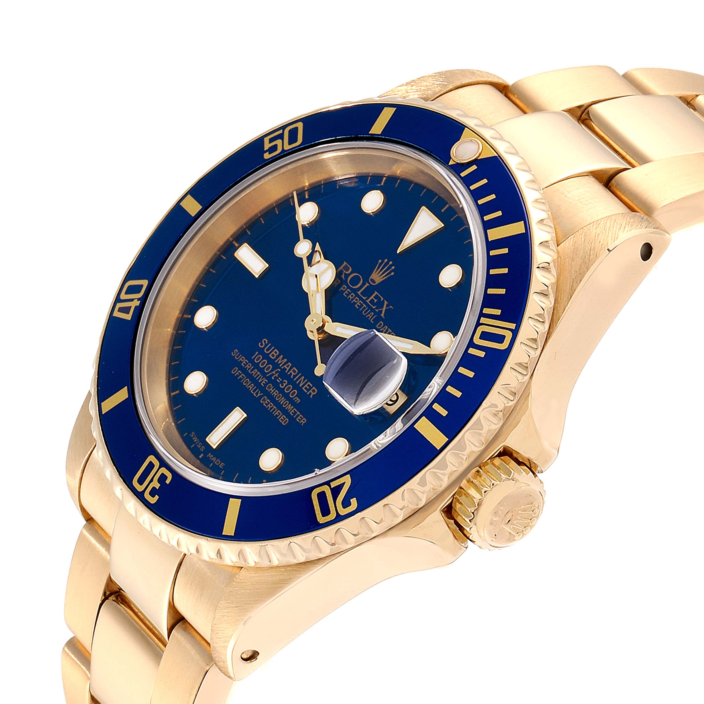 This image shows a side and top view of a Rolex Submariner 16618 Men's Yellow Gold Blue Dial 16618 Men's Yellow Gold Blue Dial, displaying the gold bracelet, blue bezel, and dial.