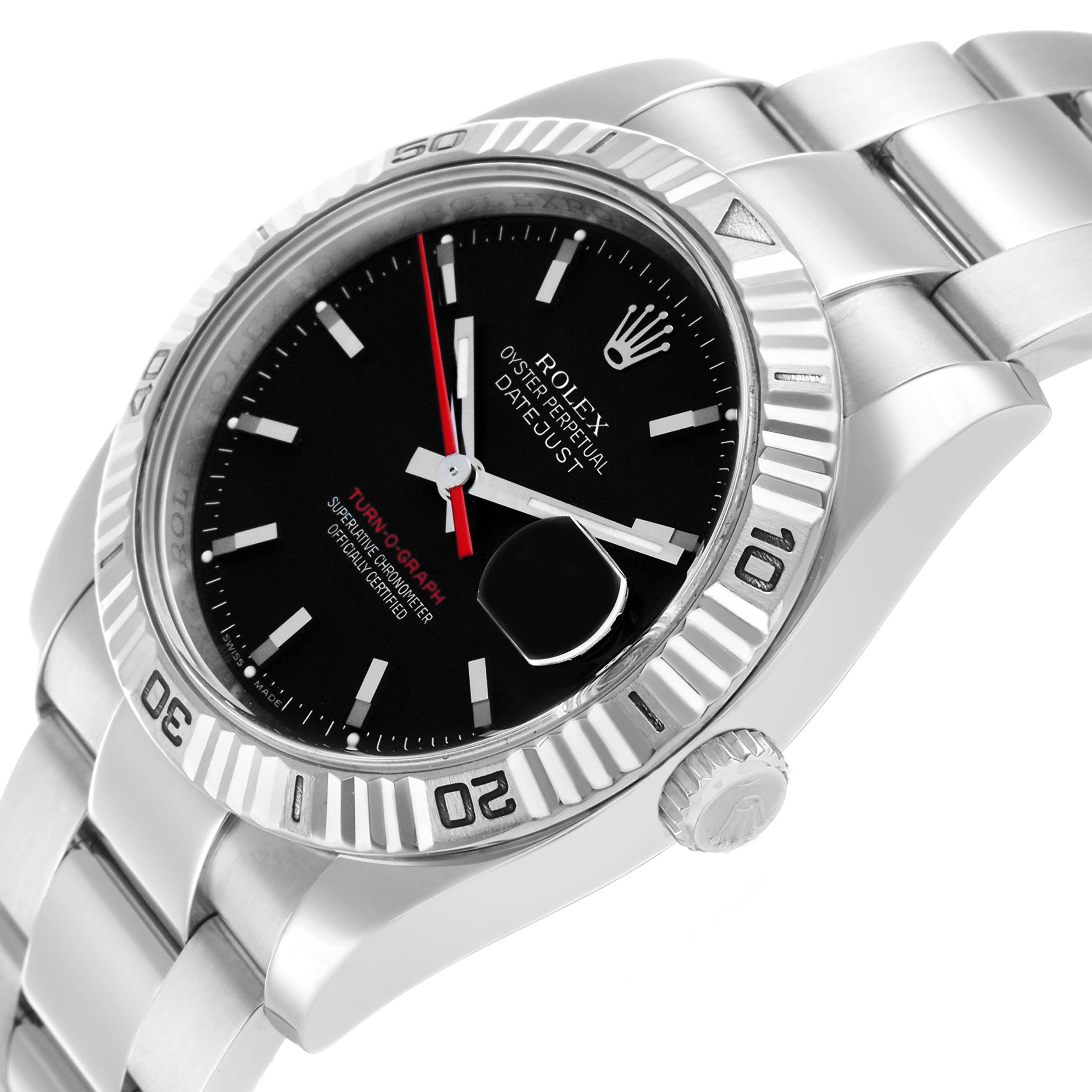 The Rolex Turn-o-Graph 116264 Men's Stainless Steel Black Dial watch is shown from a slightly angled side view, highlighting its dial, bezel, crown, and bracelet.