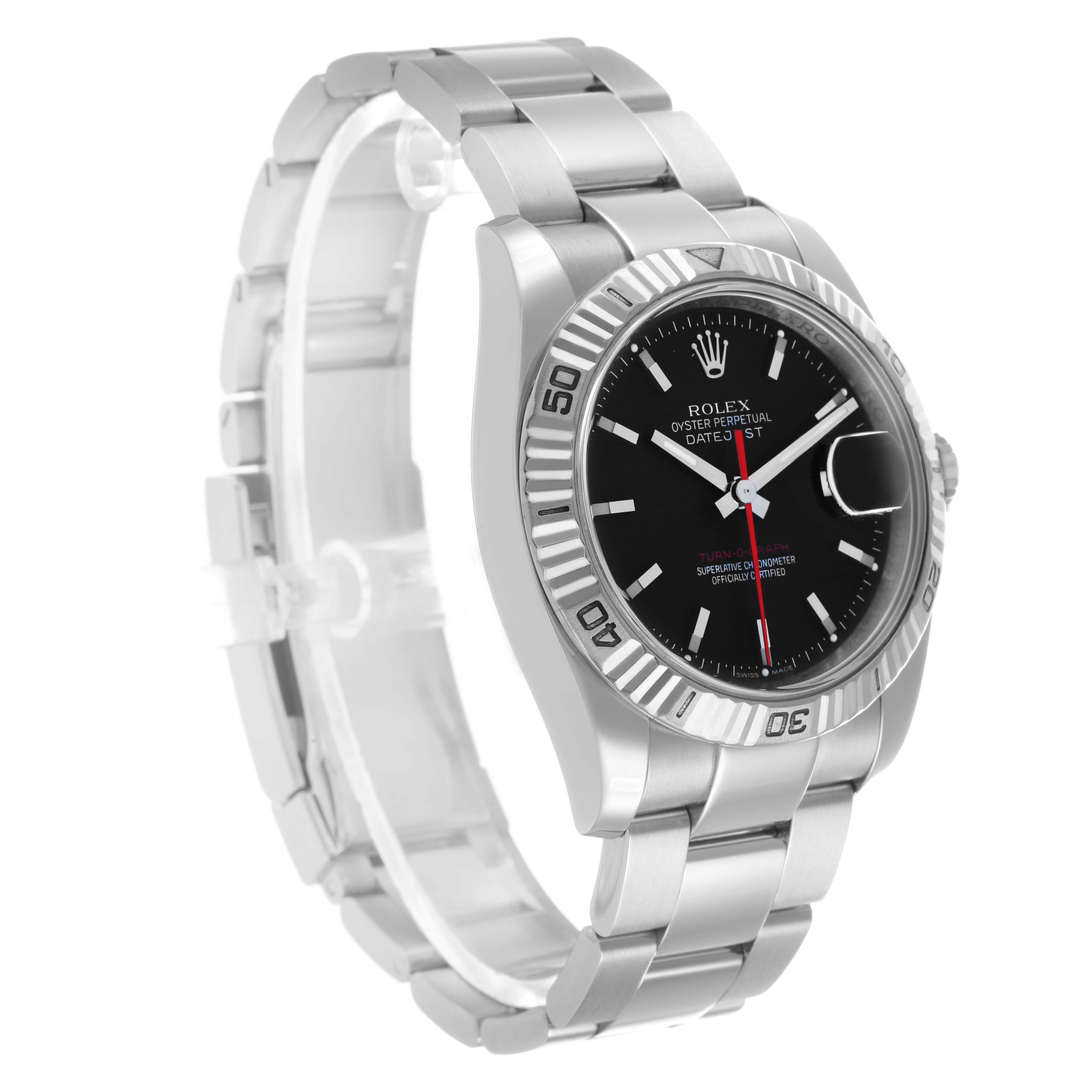 The Rolex Turn-o-Graph 116264 Men's Stainless Steel Black Dial watch is shown at a three-quarter angle, highlighting the bezel, face, hands, and part of the bracelet.