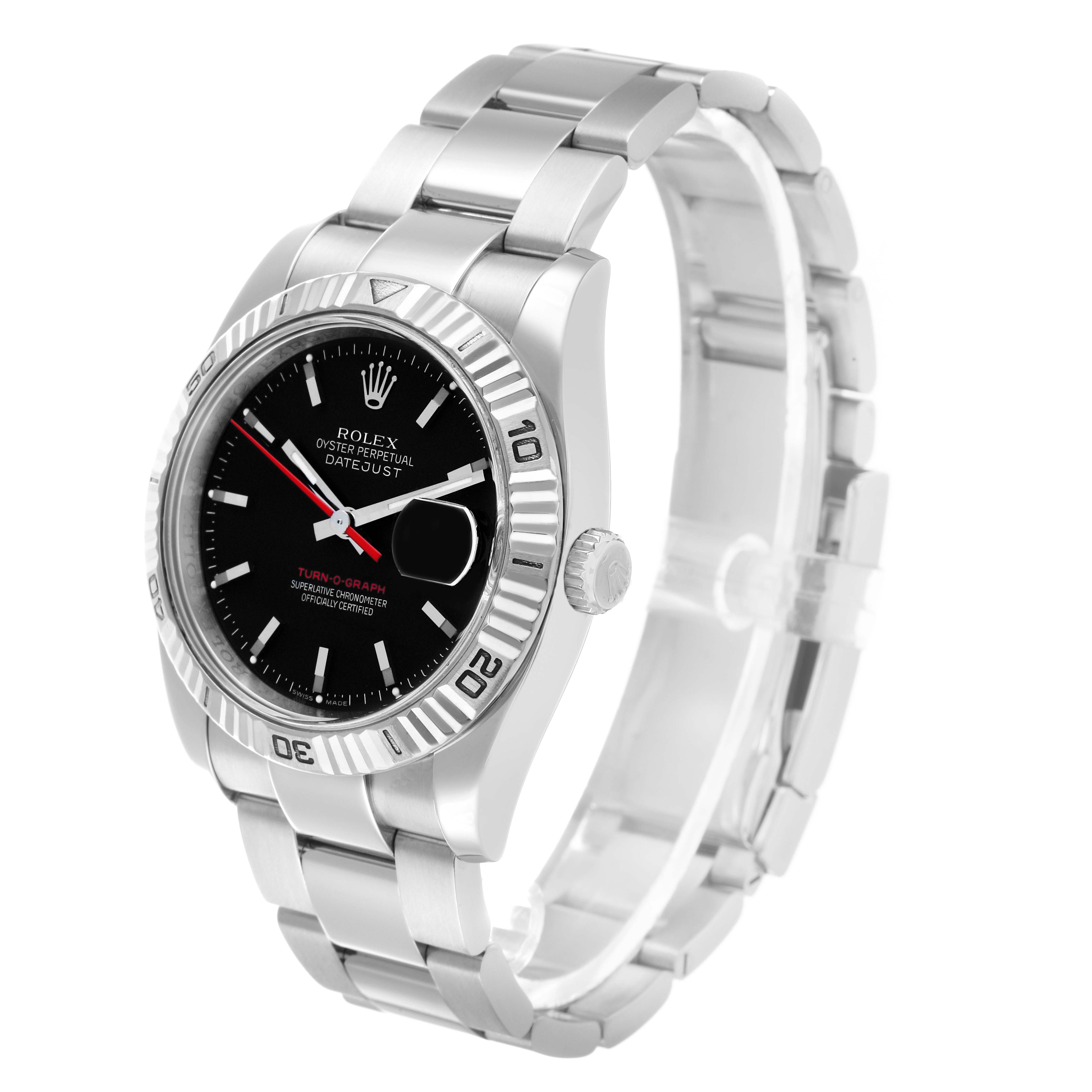 The Rolex Turn-o-Graph 116264 Men's Stainless Steel Black Dial watch is shown at a three-quarter angle, highlighting the bezel, dial, crown, and bracelet.