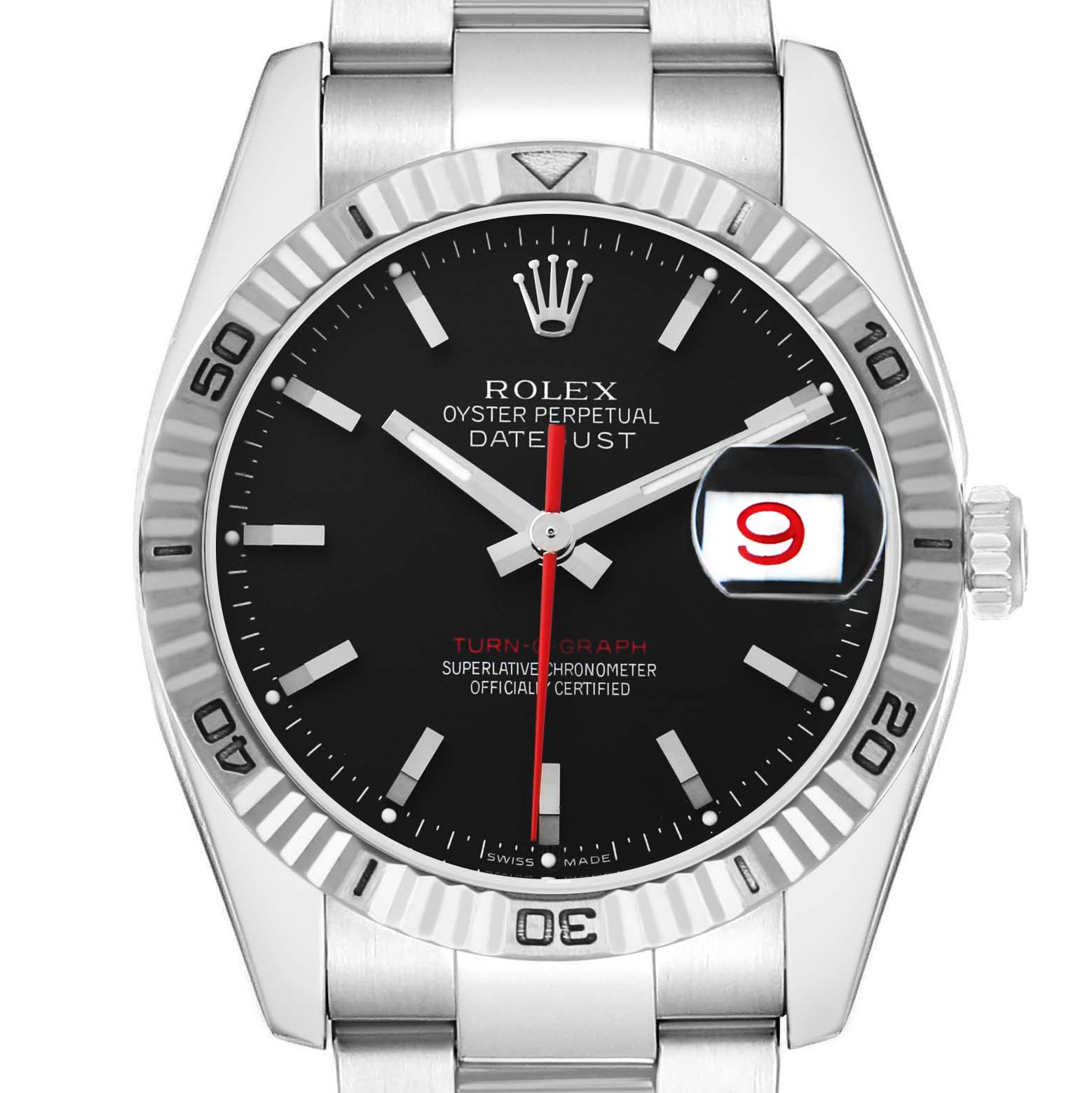The image shows a front view of the Rolex Turn-o-Graph 116264 Men's Stainless Steel Black Dial, displaying its dial, bezel, hands, markers, and date window.