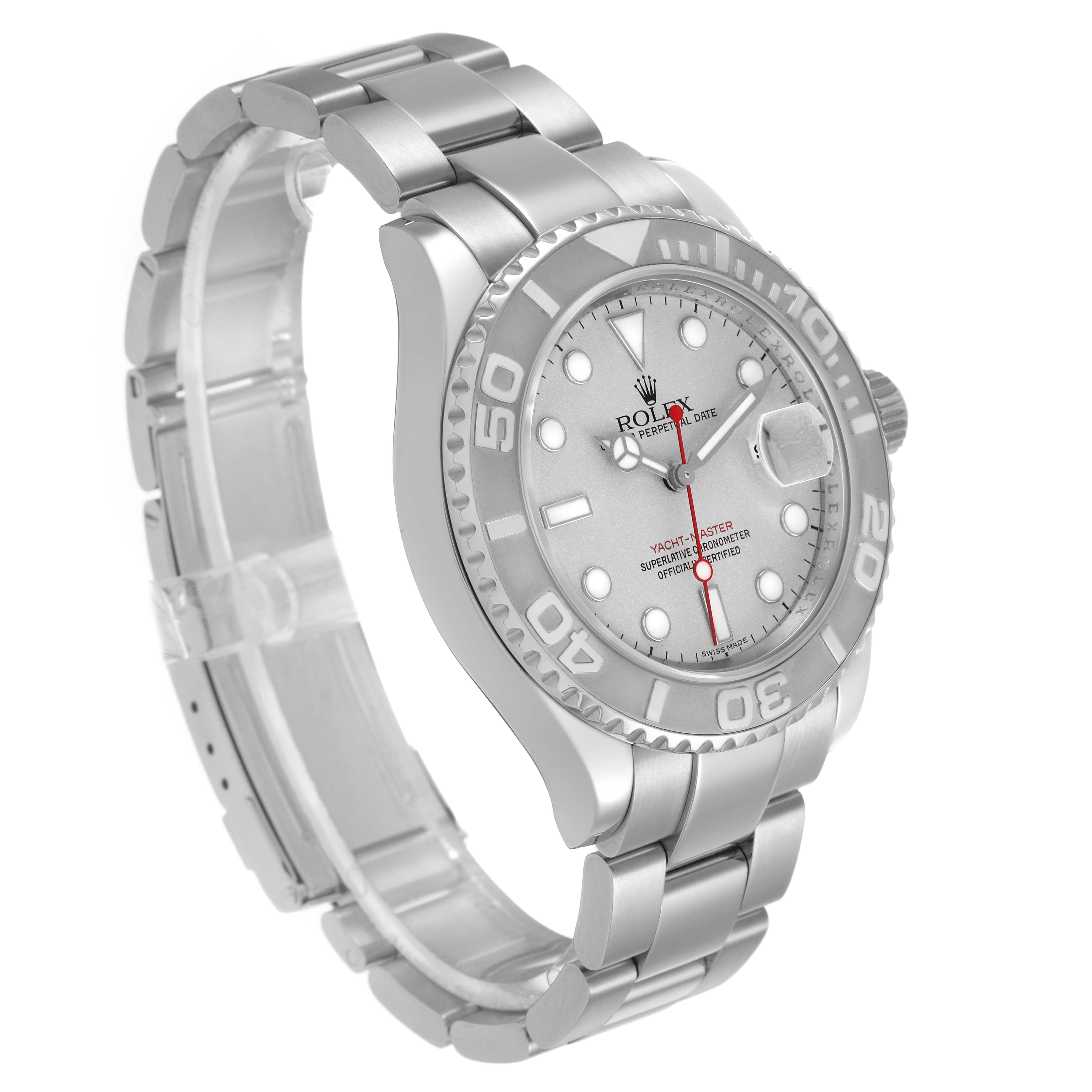 The Rolex Yacht-Master 16622 Men's Stainless Steel Silver Dial watch is shown at a slight angle, displaying the dial, bezel, and bracelet links.