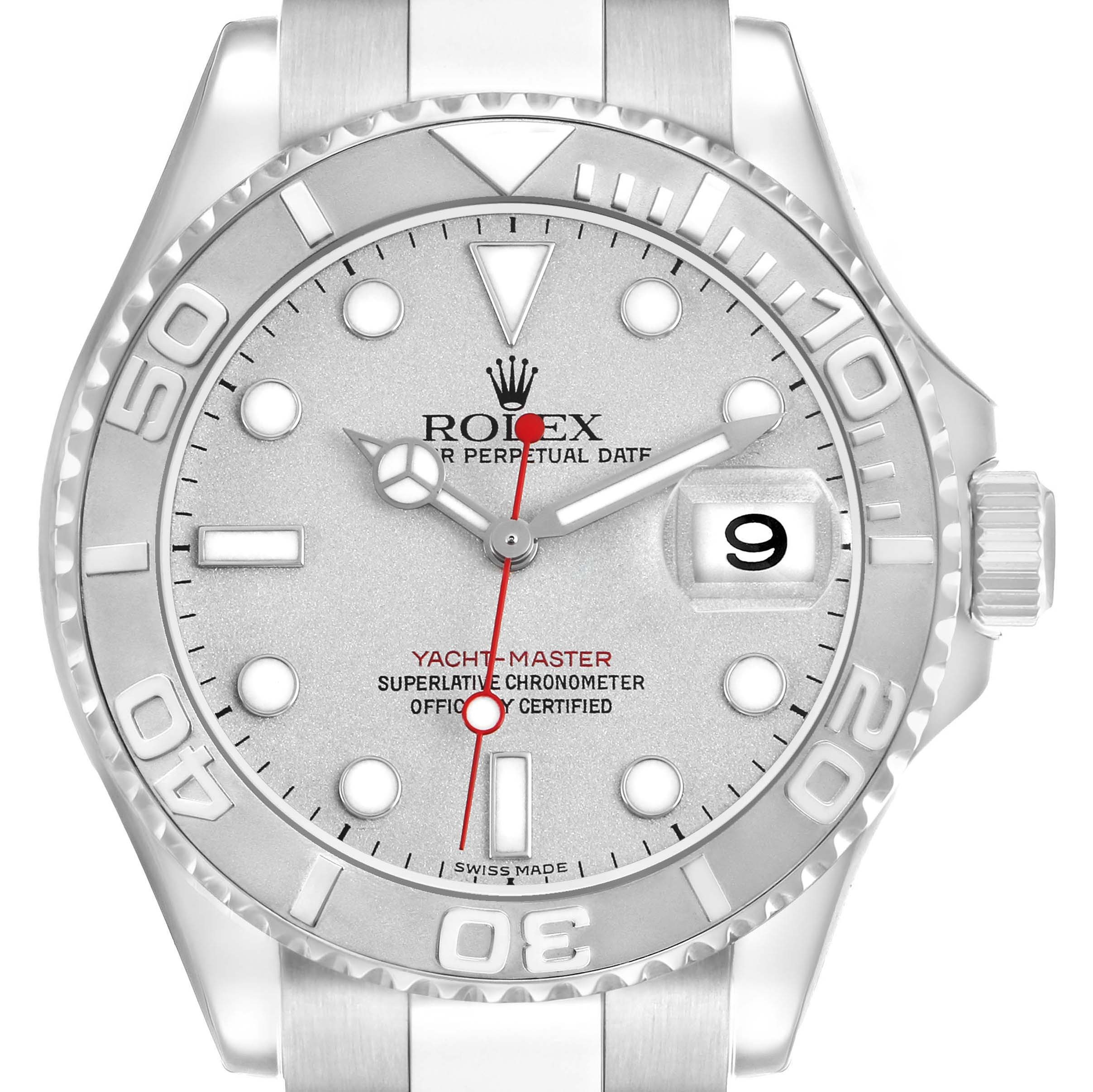 The Rolex Yacht-Master 16622 Men's Stainless Steel Silver Dial watch is shown from the front, displaying its dial, hands, bezel, and date window.