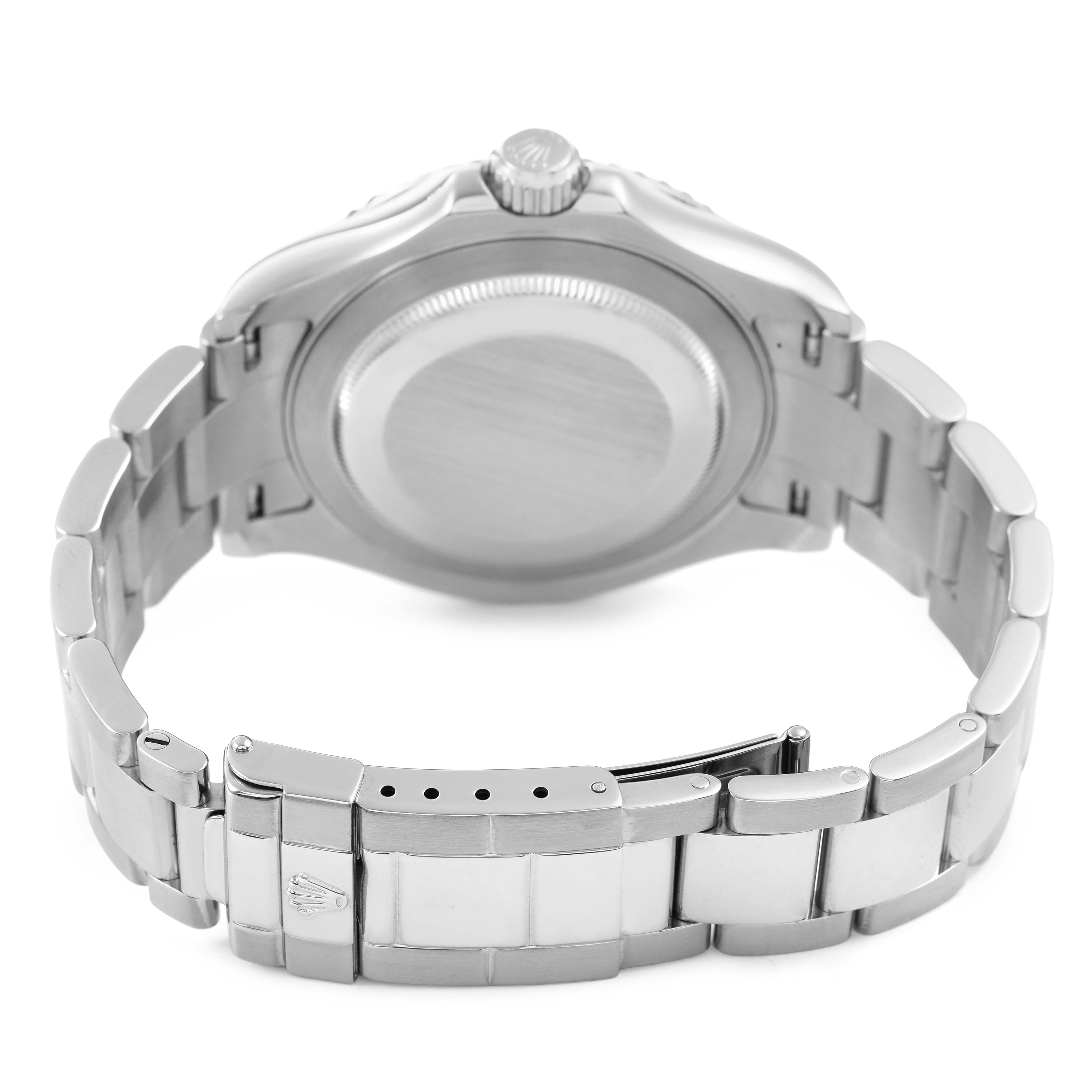 The Rolex Yacht-Master 16622 Men's Stainless Steel Silver Dial watch is shown from the back, featuring the case back, bracelet, and clasp.