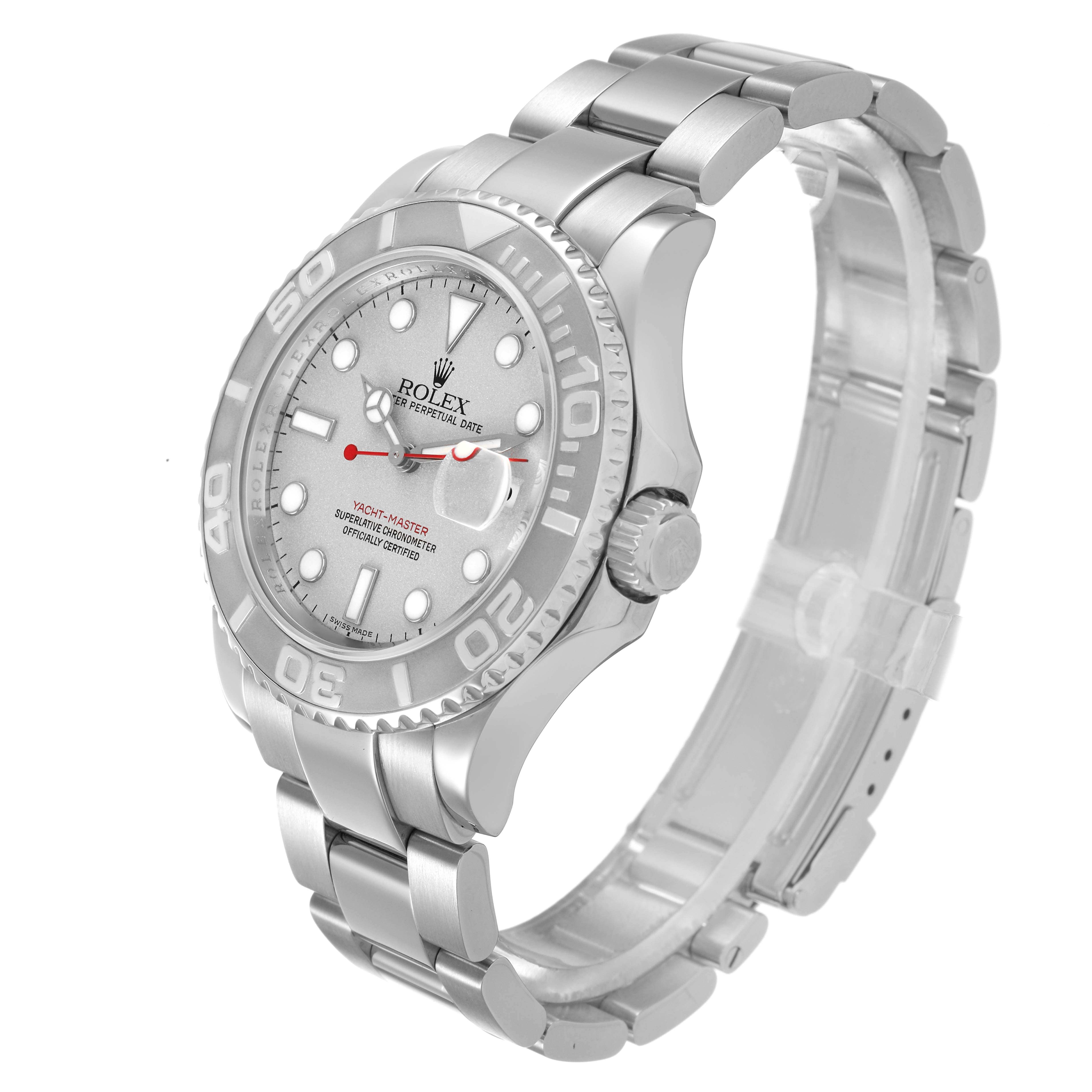 The Rolex Yacht-Master 16622 Men's Stainless Steel Silver Dial watch is shown at a three-quarter angle, displaying the dial, bezel, crown, and bracelet clearly.