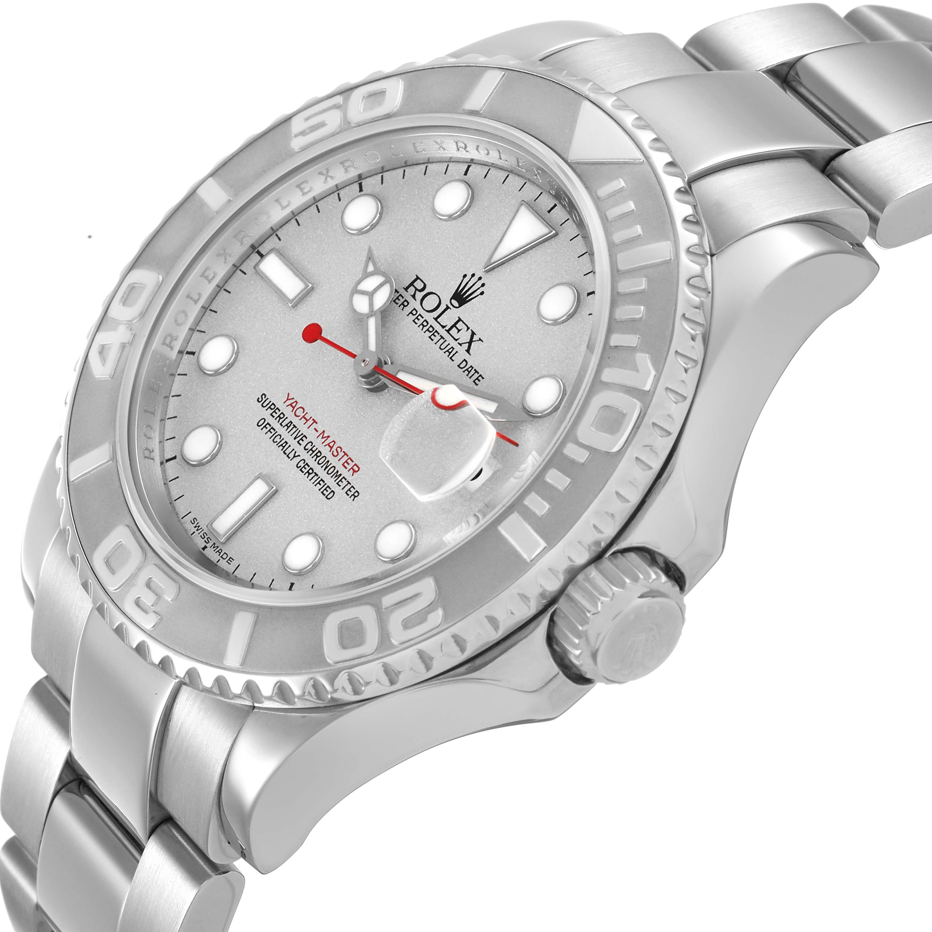 The Rolex Yacht-Master 16622 Men's Stainless Steel Silver Dial is shown at a three-quarter angle, highlighting the bezel, crown, and bracelet.