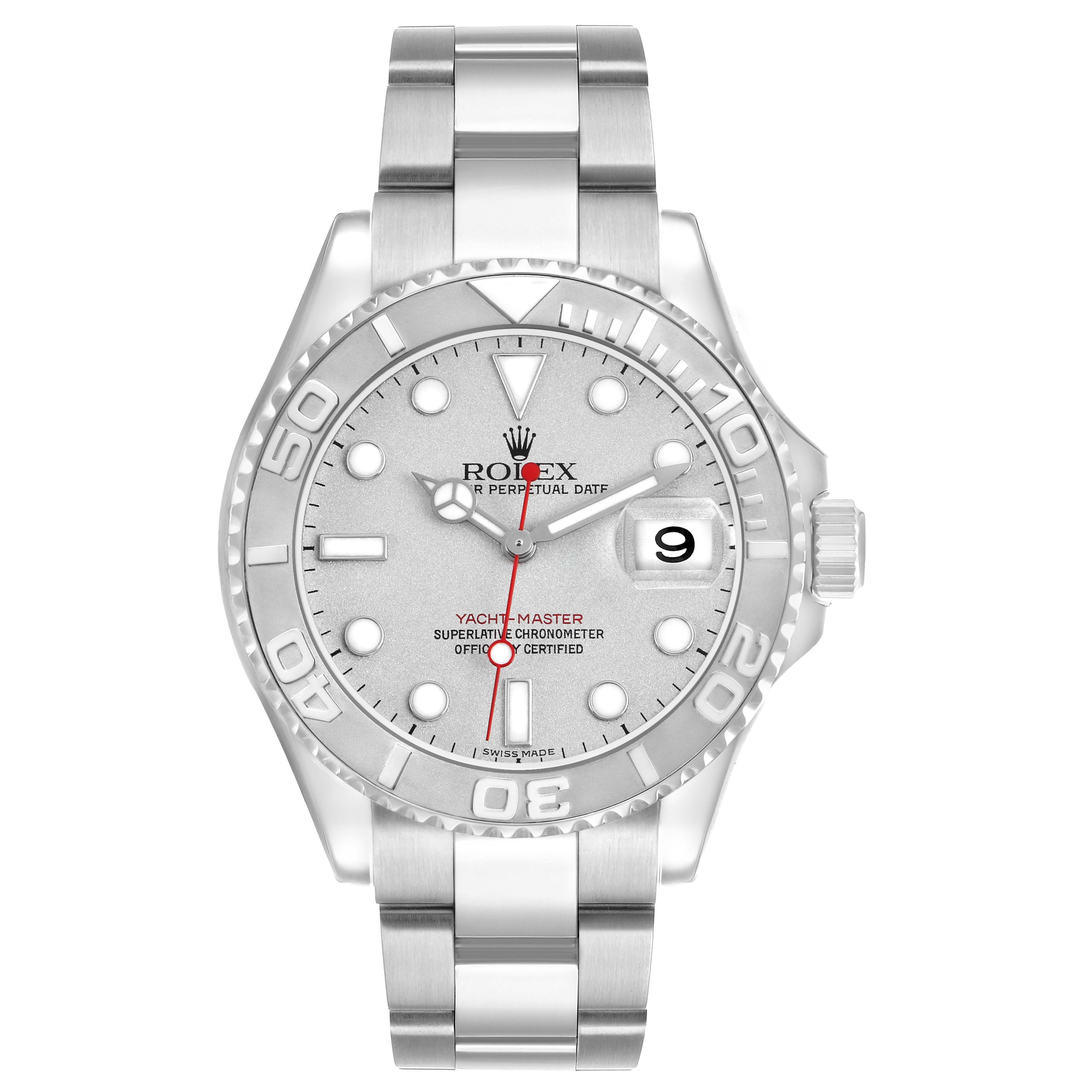 The Rolex Yacht-Master 16622 Men's Stainless Steel Silver Dial watch is shown from a front angle, highlighting the dial, bezel, and bracelet.