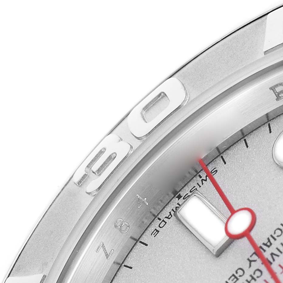 The image shows a close-up of the Rolex Yacht-Master 16622 Men's Stainless Steel Silver Dial's bezel, part of the dial, and part of the second hand.