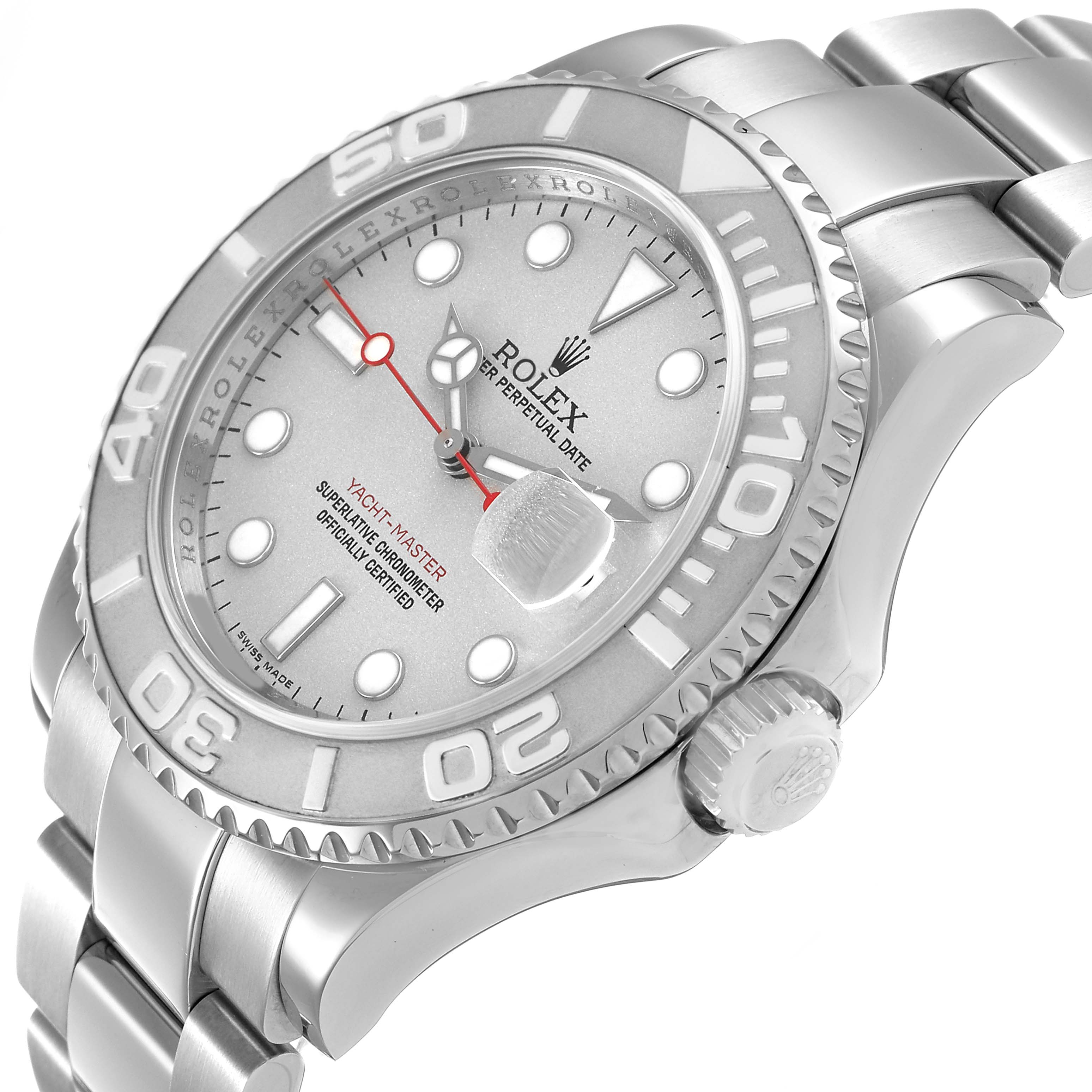 The Rolex Yacht-Master 16622 Men's Stainless Steel Silver Dial watch is shown at an angled side view, highlighting the bezel, dial, crown, and part of the bracelet.