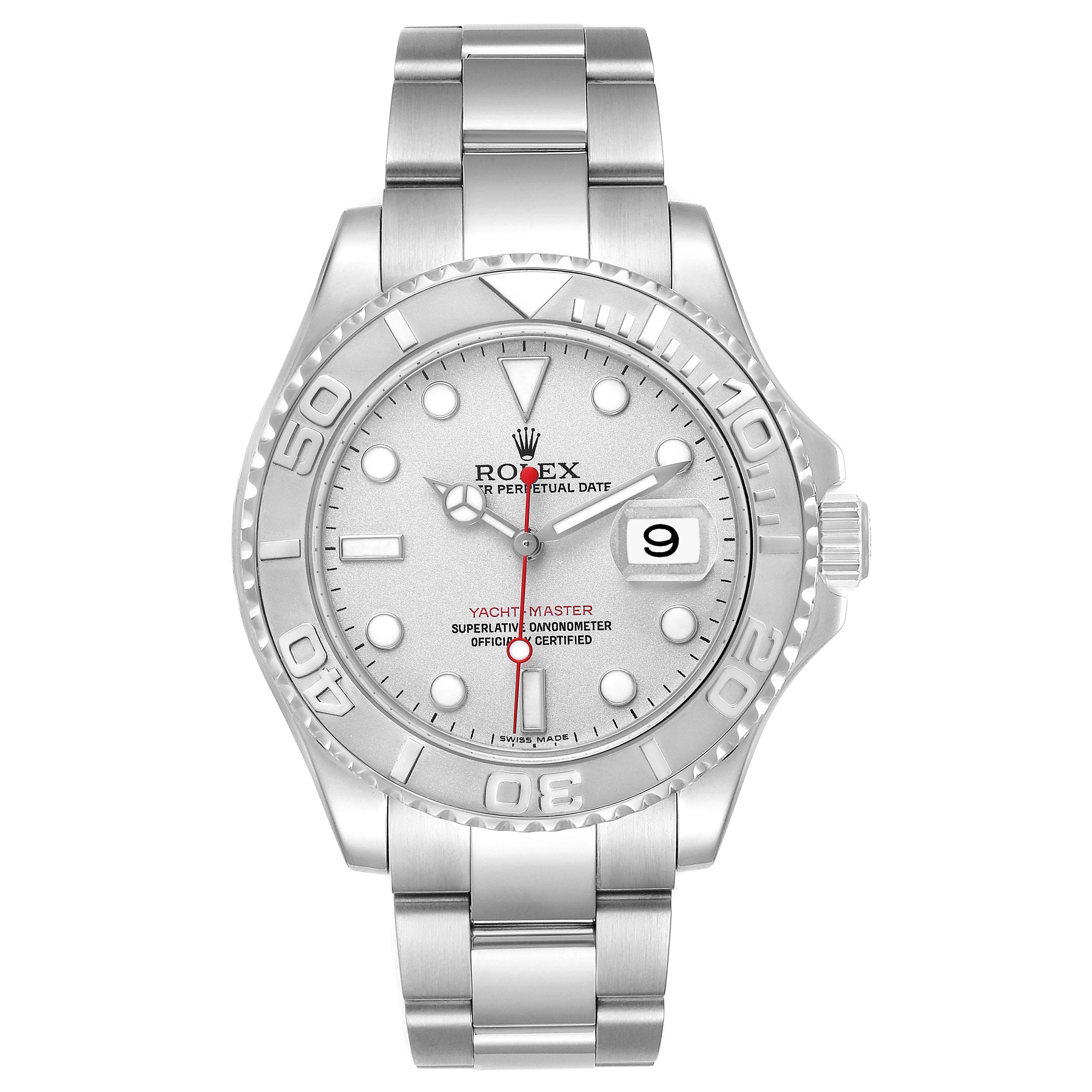 The Rolex Yacht-Master 16622 Men's Stainless Steel Silver Dial watch is shown from the front, displaying its face, bezel, hands, bracelet, and date window.