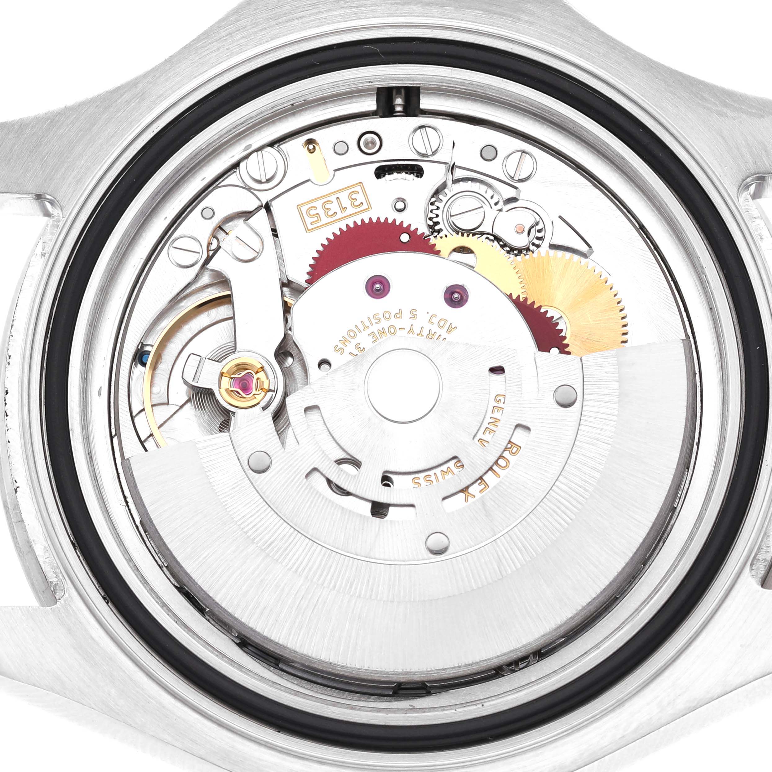 The image shows the case back view of the Rolex Yacht-Master 16622 Men's Stainless Steel Silver Dial, revealing its movement and inner mechanism.
