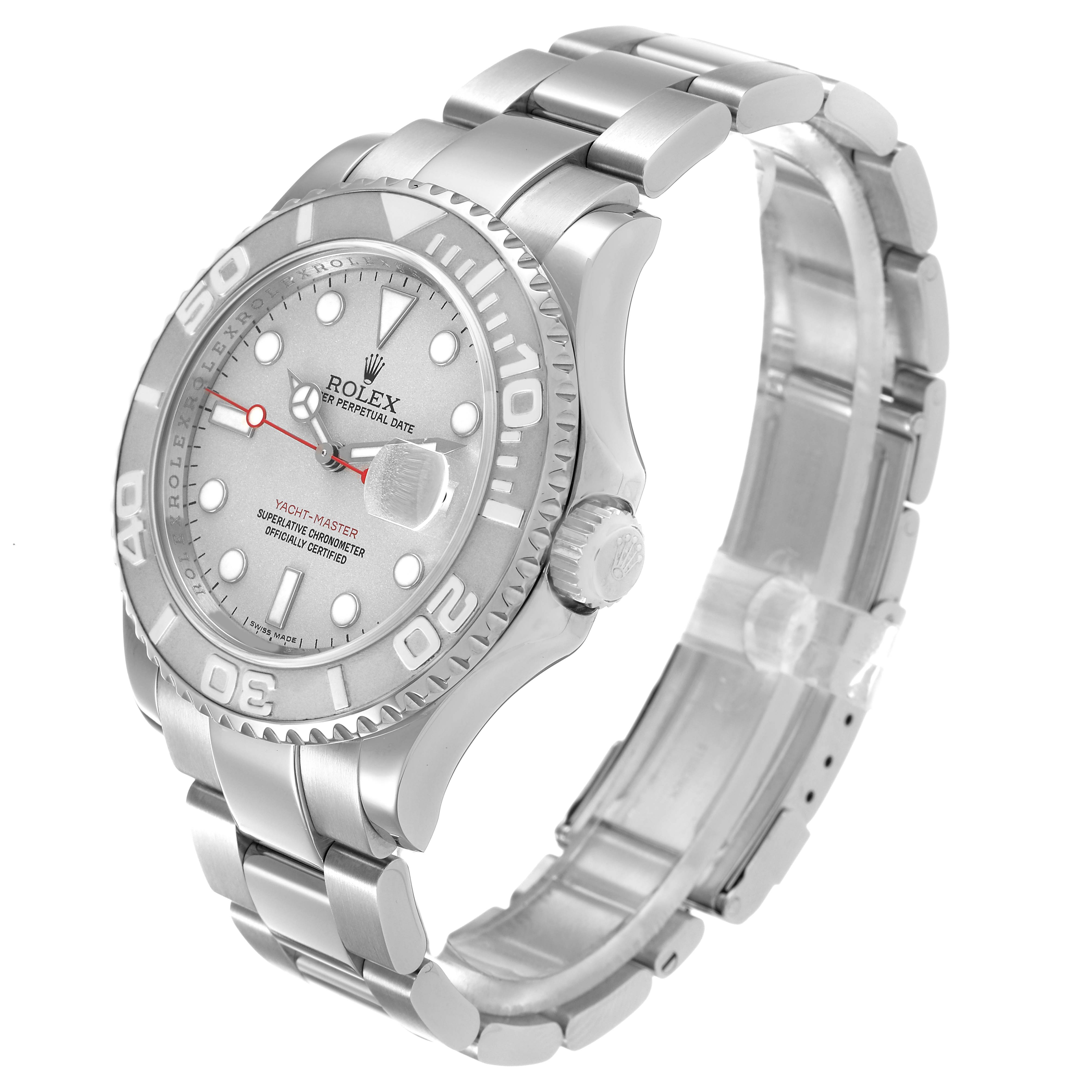 The Rolex Yacht-Master 16622 Men's Stainless Steel Silver Dial watch is shown at a three-quarter angle, highlighting the bezel, dial, crown, and bracelet.