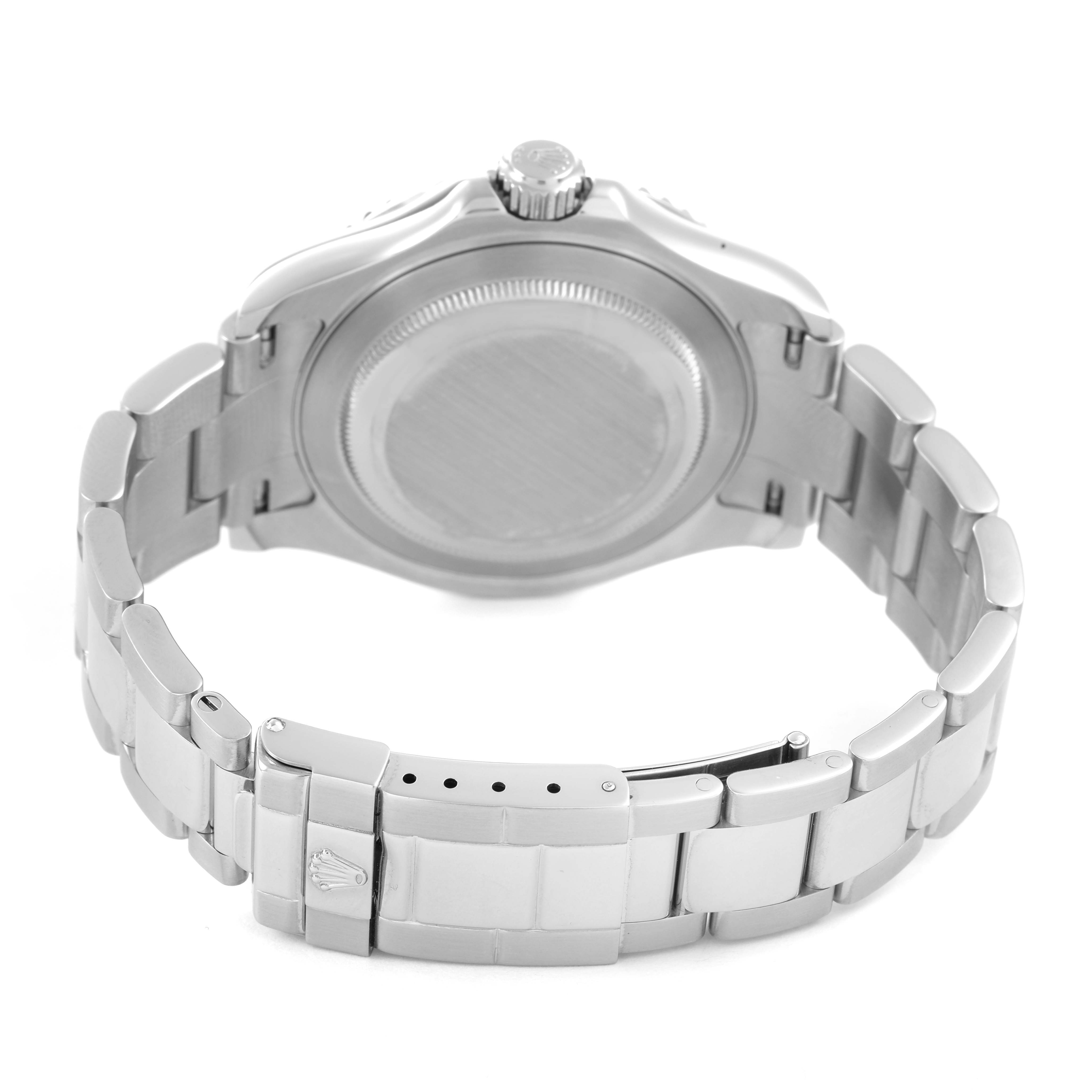 The image shows the back of the Rolex Yacht-Master 16622 Men's Stainless Steel Silver Dial watch, highlighting the bracelet and clasp from a rear angle.