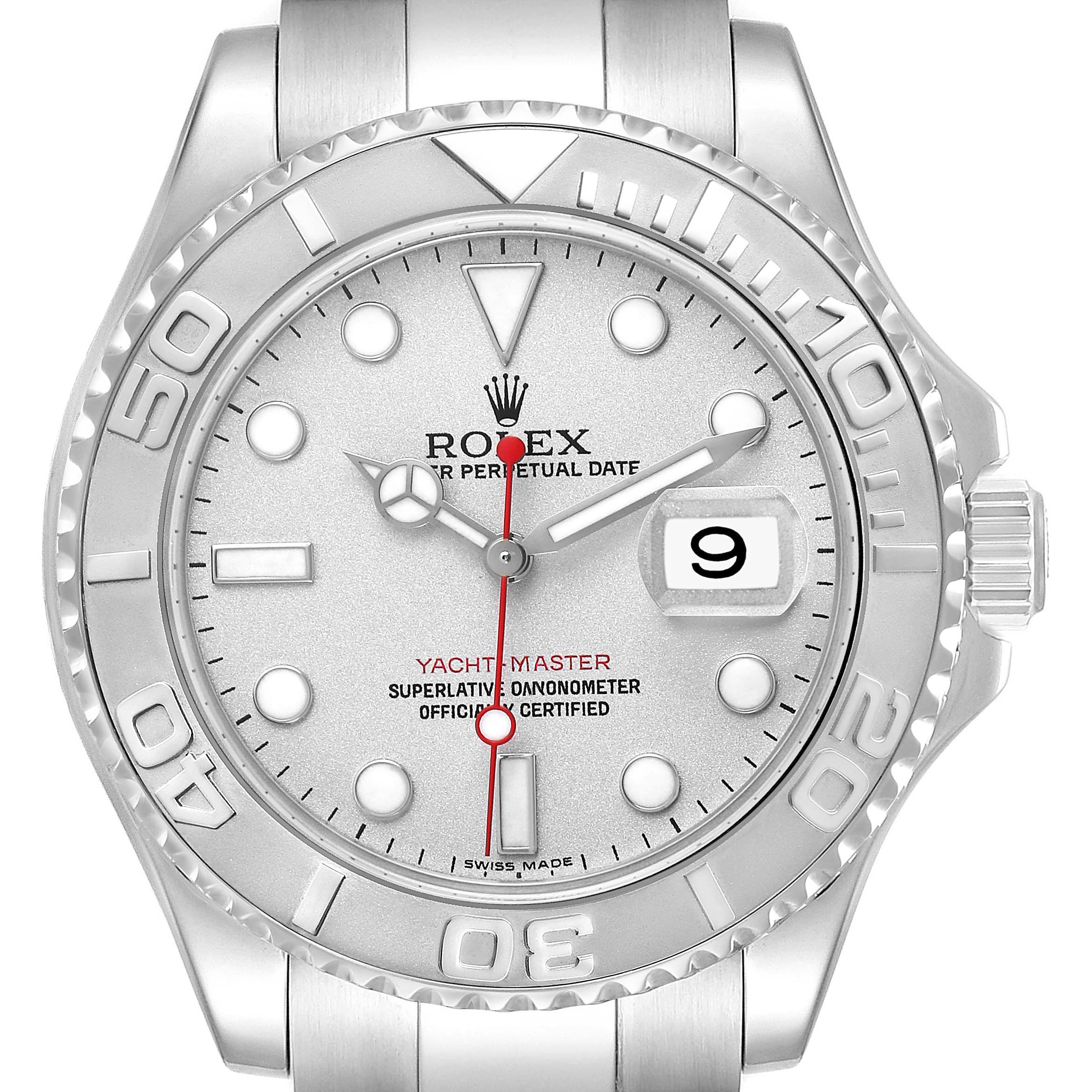 The image shows a Rolex Yacht-Master 16622 Men's Stainless Steel Silver Dial watch from a frontal angle, highlighting its dial, bezel, and crown.