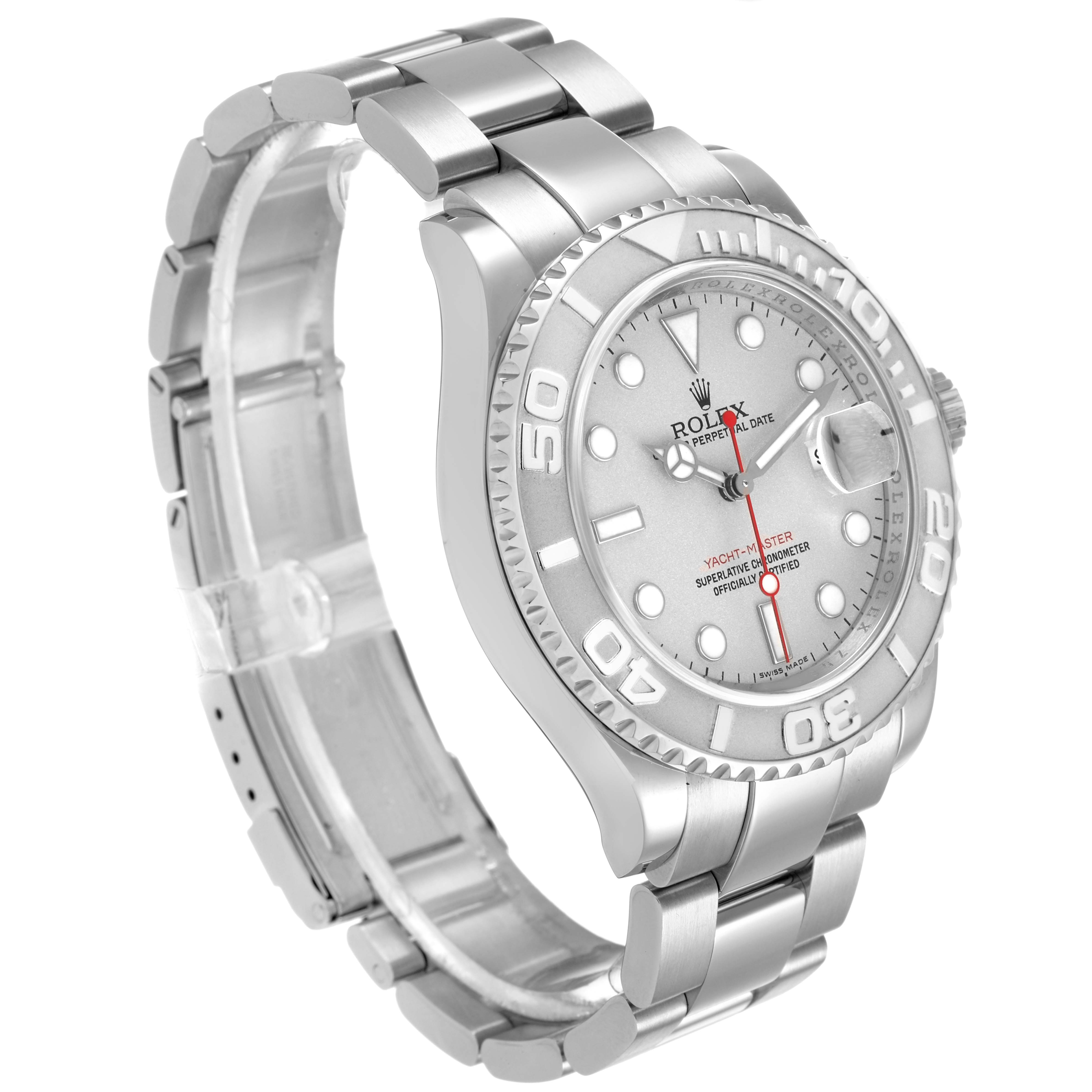The Rolex Yacht-Master 16622 Men's Stainless Steel Silver Dial watch is shown at an angled side view, highlighting the bezel, dial, and bracelet.