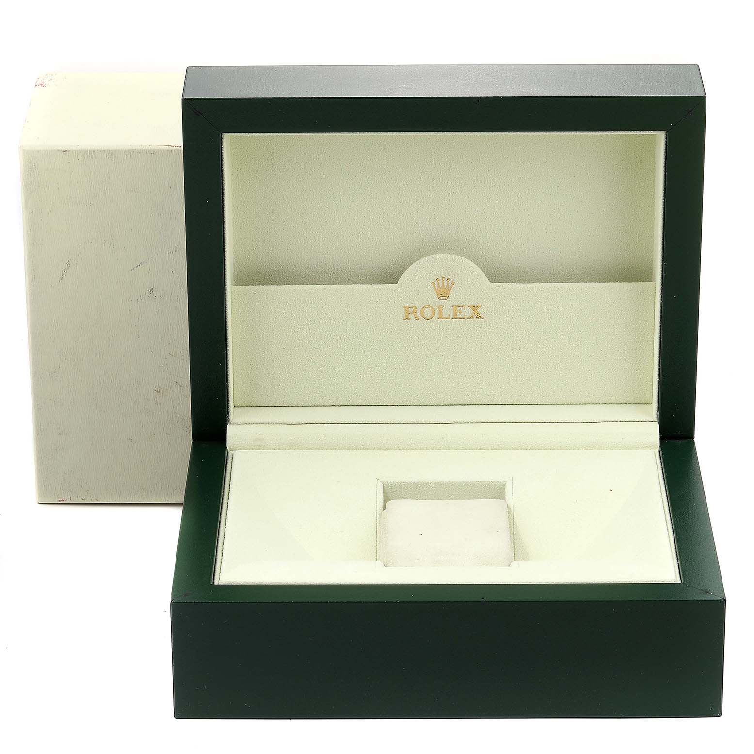 The image shows an open Rolex Yacht-Master 116622 Men
s Stainless Steel Blue Dial 116622 Men
s Stainless Steel Blue Dial watch box from a front angle, displaying its compartments.