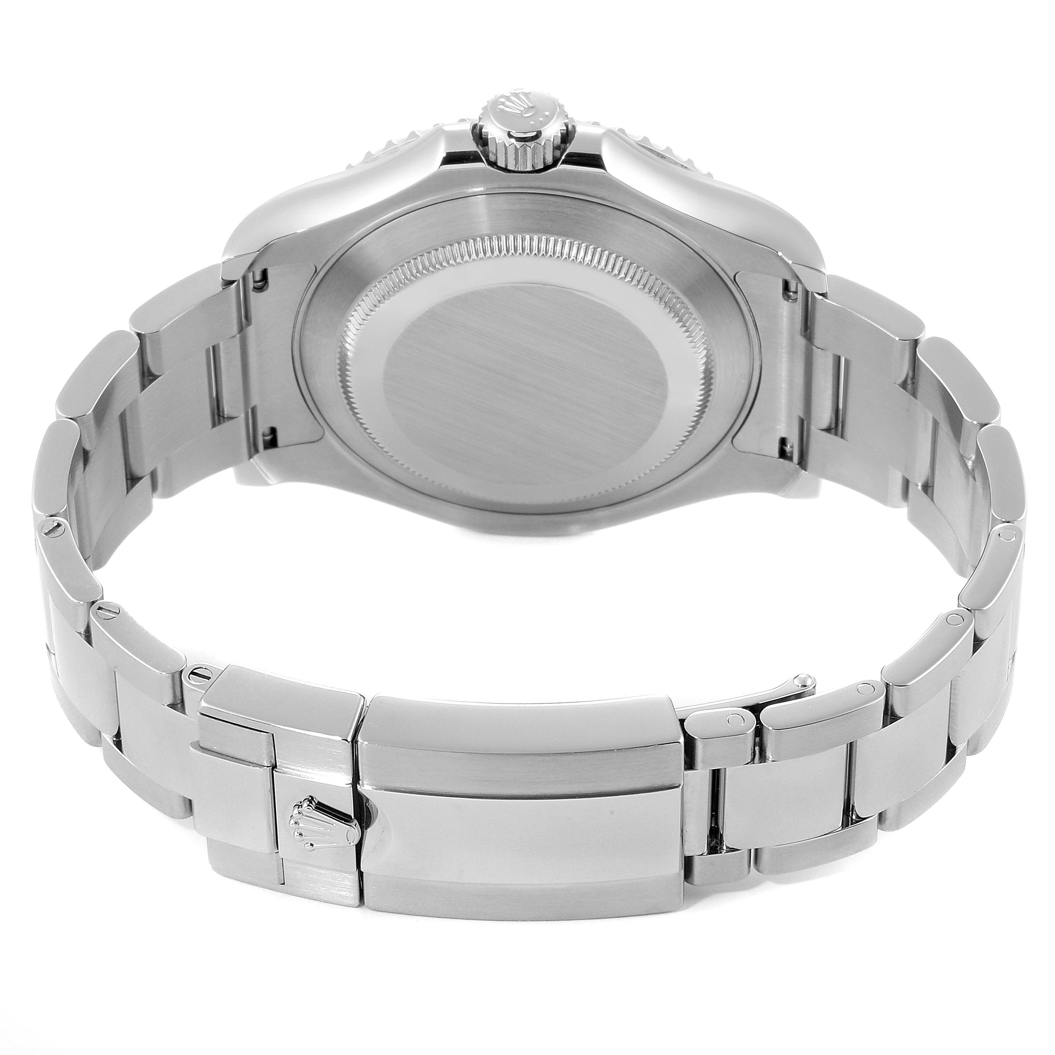 The image shows the back view of the Rolex Yacht-Master 116622 Men
s Stainless Steel Blue Dial 116622 Men
s Stainless Steel Blue Dial watch, highlighting the case, bracelet, and clasp.