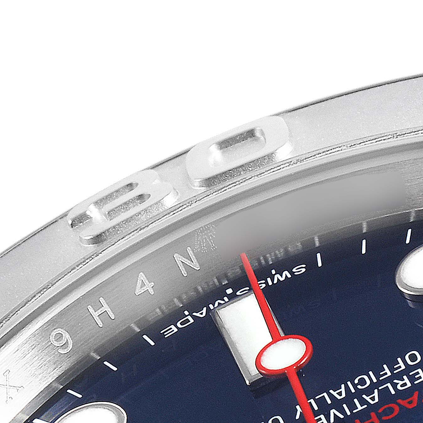 The image shows a close-up of the bezel and part of the dial of a Rolex Yacht-Master 116622 Men
s Stainless Steel Blue Dial 116622 Men
s Stainless Steel Blue Dial watch.