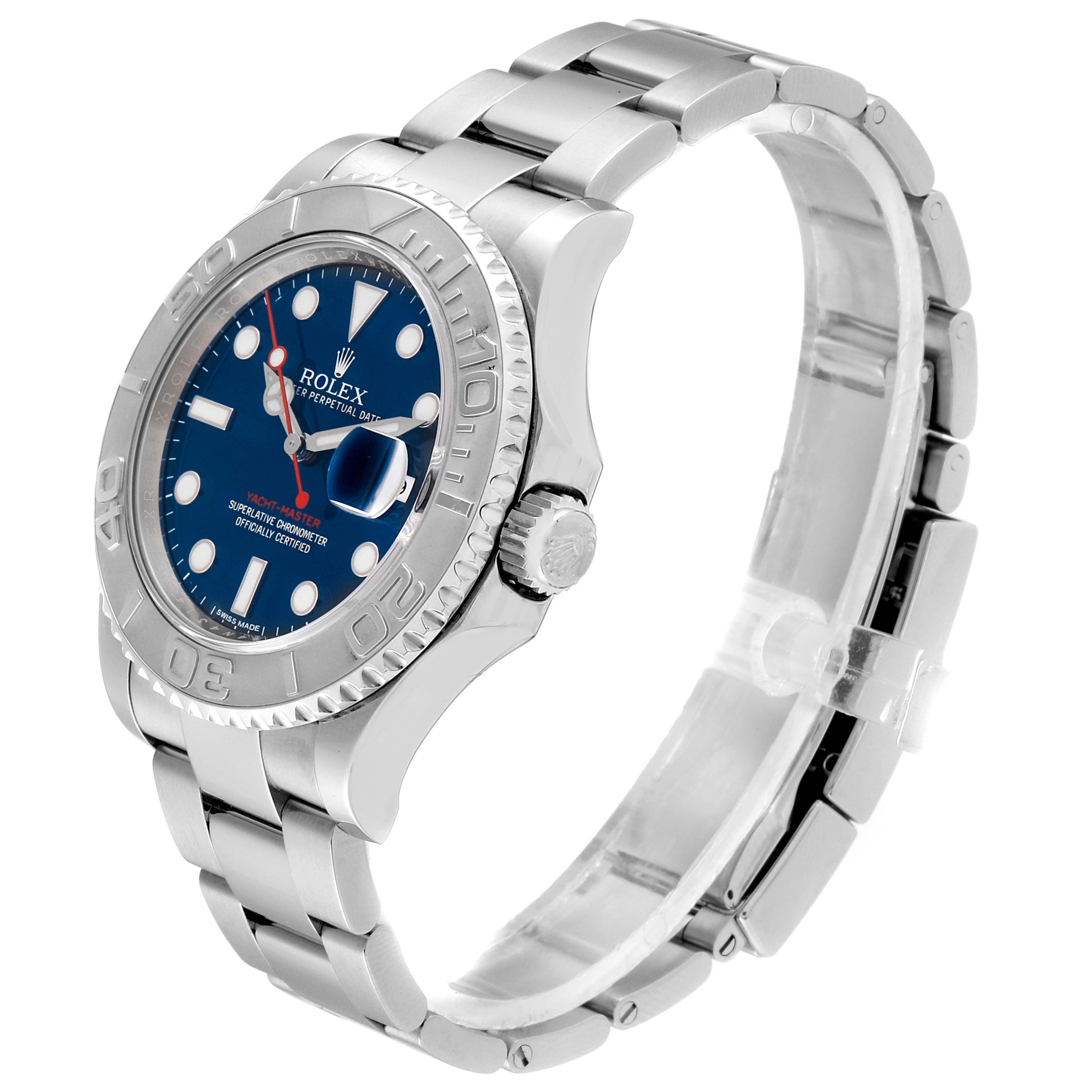 The Rolex Yacht-Master 116622 Men
s Stainless Steel Blue Dial 116622 Men
s Stainless Steel Blue Dial watch is shown from a left-side angle, highlighting the crown, bezel, and bracelet.