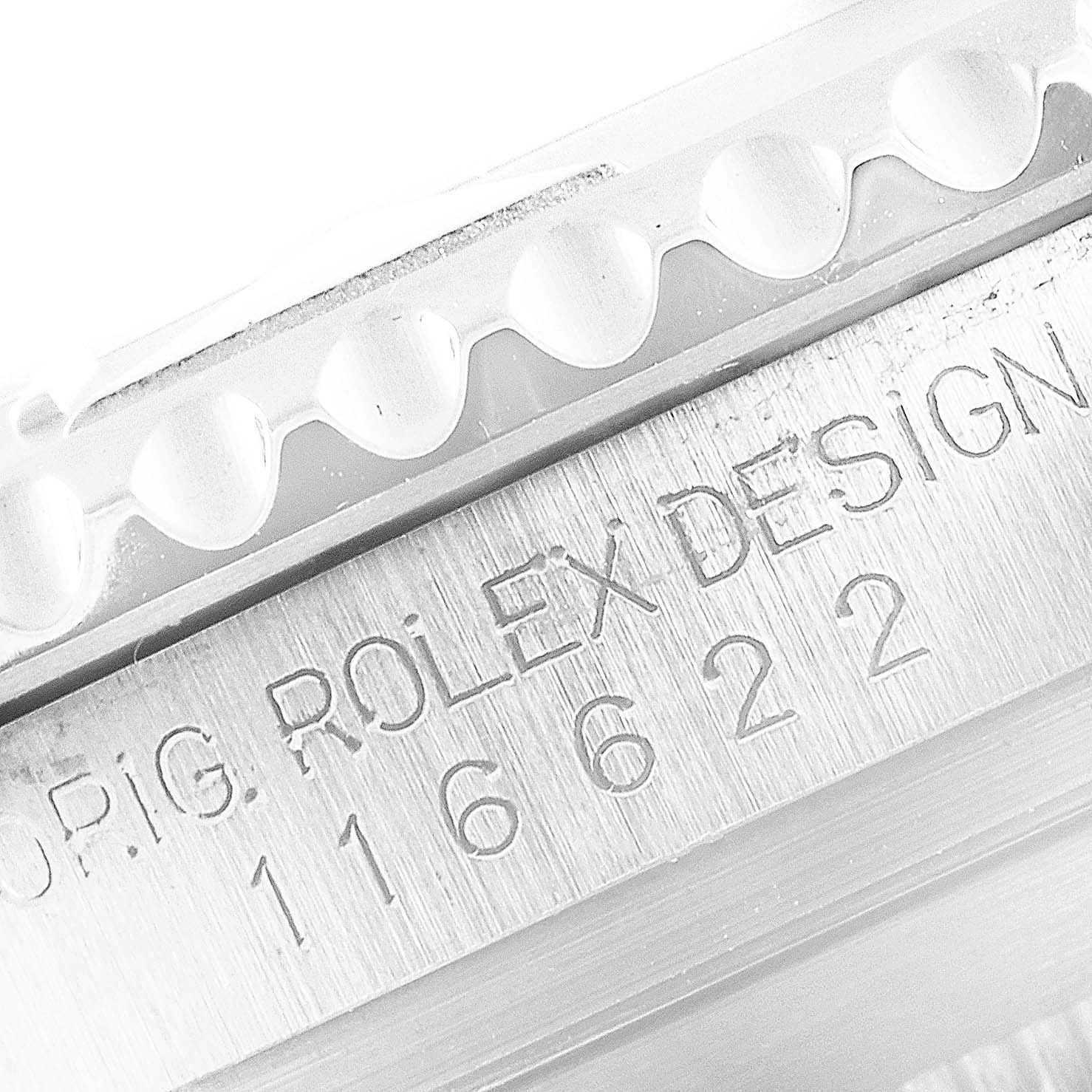 This close-up shows the edge of the bezel and the engraved model number "116622" and "ROLEX DESIGN" text on the Rolex Yacht-Master 116622 Men
s Stainless Steel Blue Dial 116622 Men
s Stainless Steel Blue Dial watch.