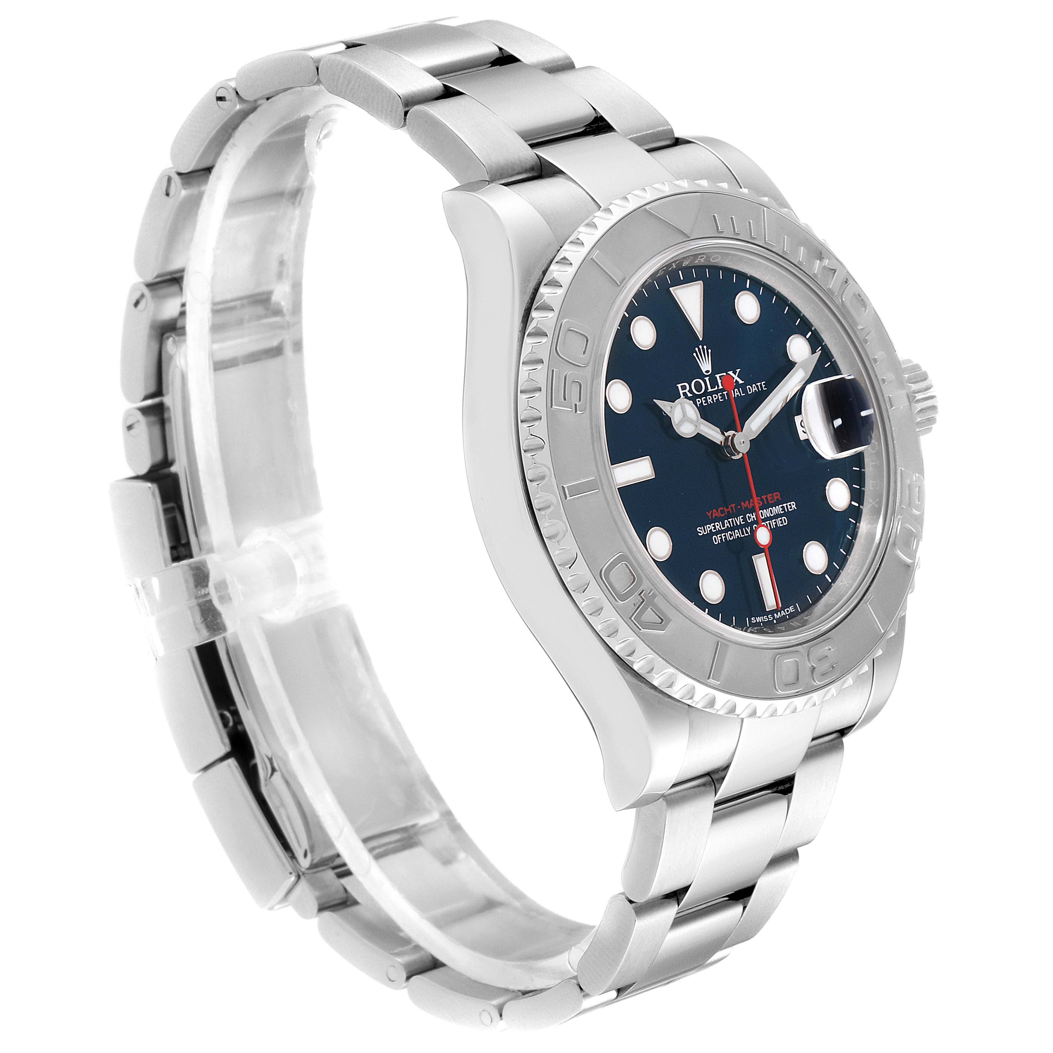 The image shows a three-quarter view of a Rolex Yacht-Master 116622 Men
s Stainless Steel Blue Dial 116622 Men
s Stainless Steel Blue Dial watch, highlighting its bezel, dial, and bracelet.