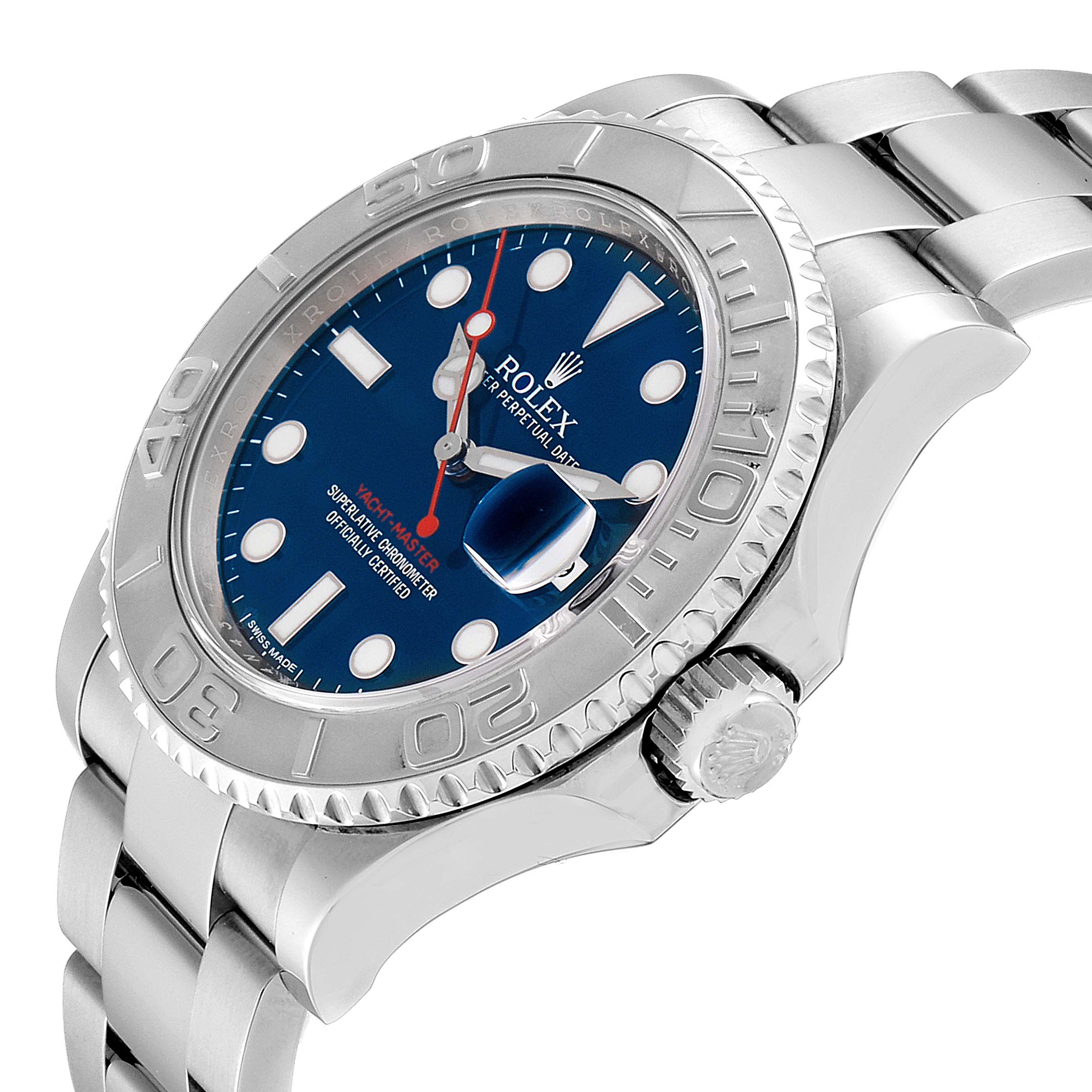 This Rolex Yacht-Master 116622 Men
s Stainless Steel Blue Dial 116622 Men
s Stainless Steel Blue Dial watch is shown from an angled side view, highlighting the face, bezel, and part of the bracelet.