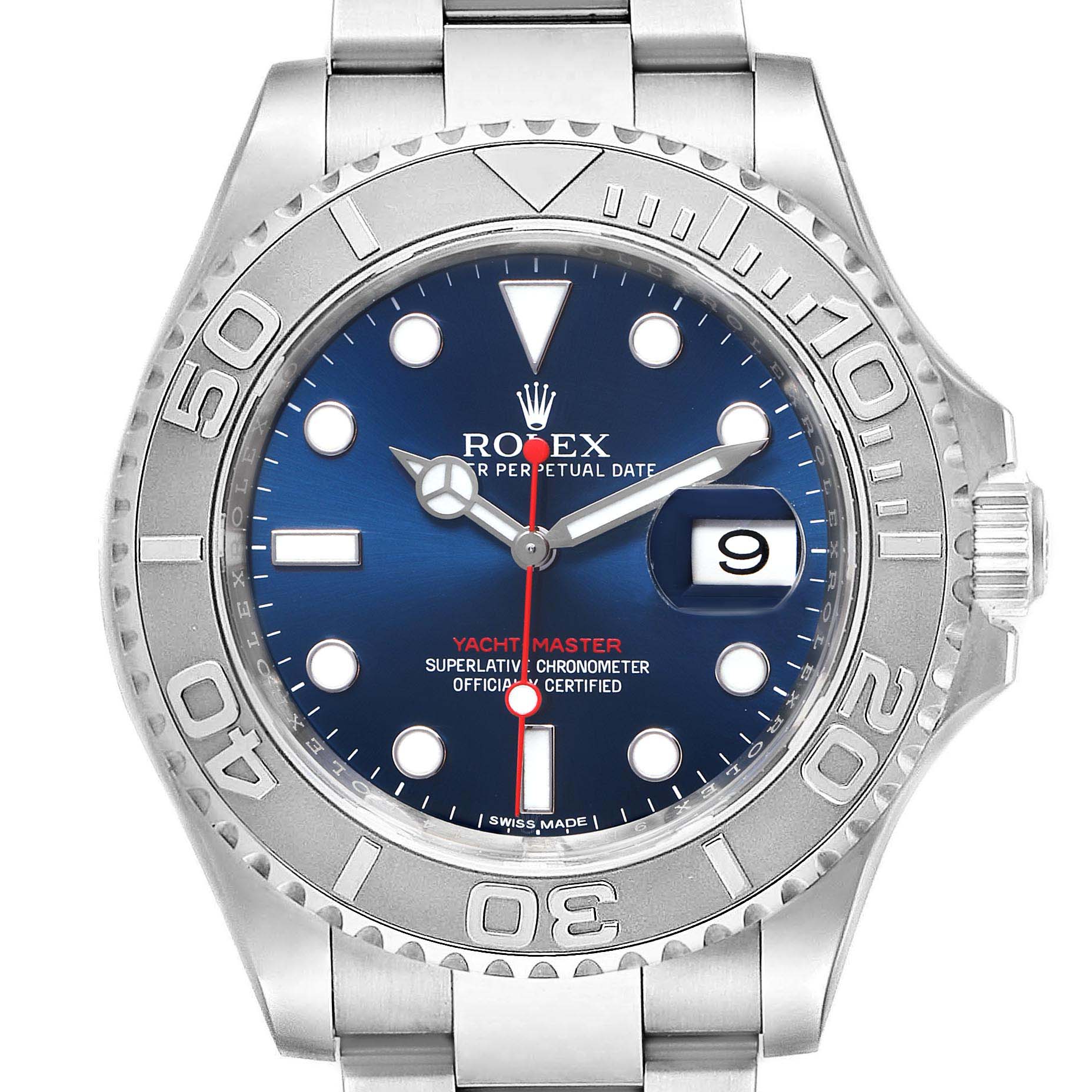 The image shows a Rolex Yacht-Master 116622 Men
s Stainless Steel Blue Dial 116622 Men
s Stainless Steel Blue Dial watch from a front view, highlighting the bezel, dial, hands, and bracelet.