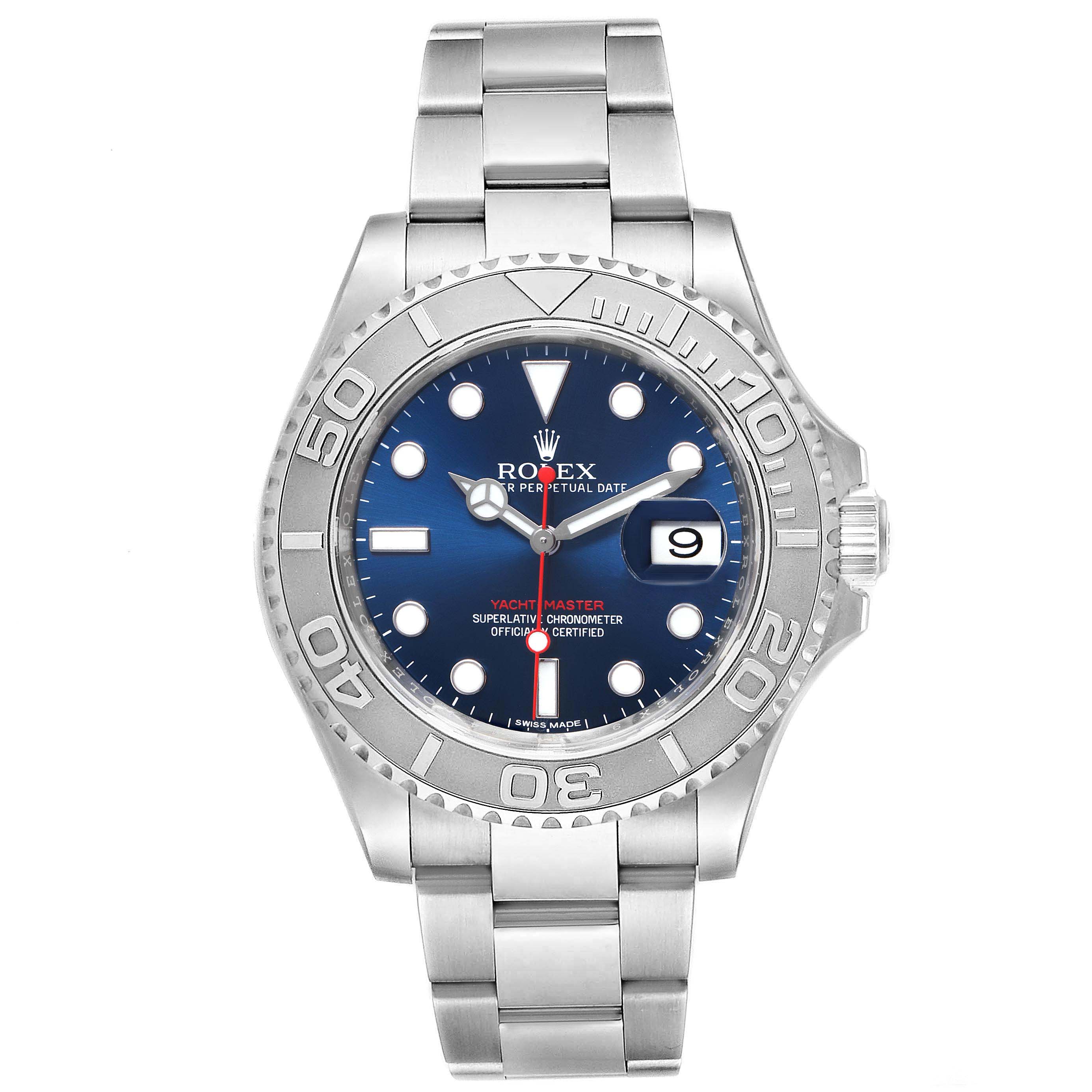 This image shows a front view of the Rolex Yacht-Master 116622 Men
s Stainless Steel Blue Dial 116622 Men
s Stainless Steel Blue Dial watch, displaying the face, bezel, bracelet, and crown.