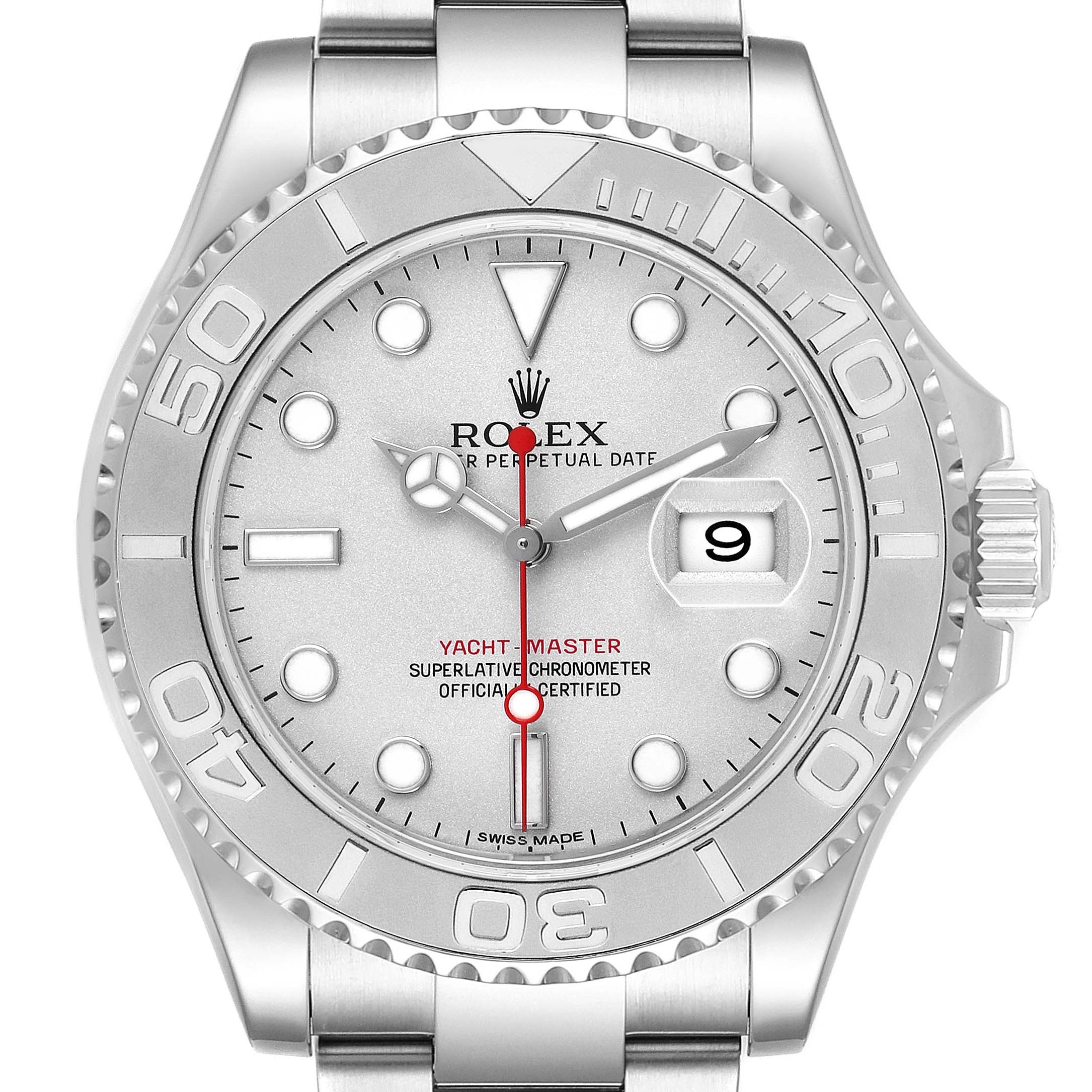 The Rolex Yacht-Master 116622 Men's Stainless Steel Silver Dial watch is shown from a front angle, displaying its bezel, dial, hands, markers, and date window.