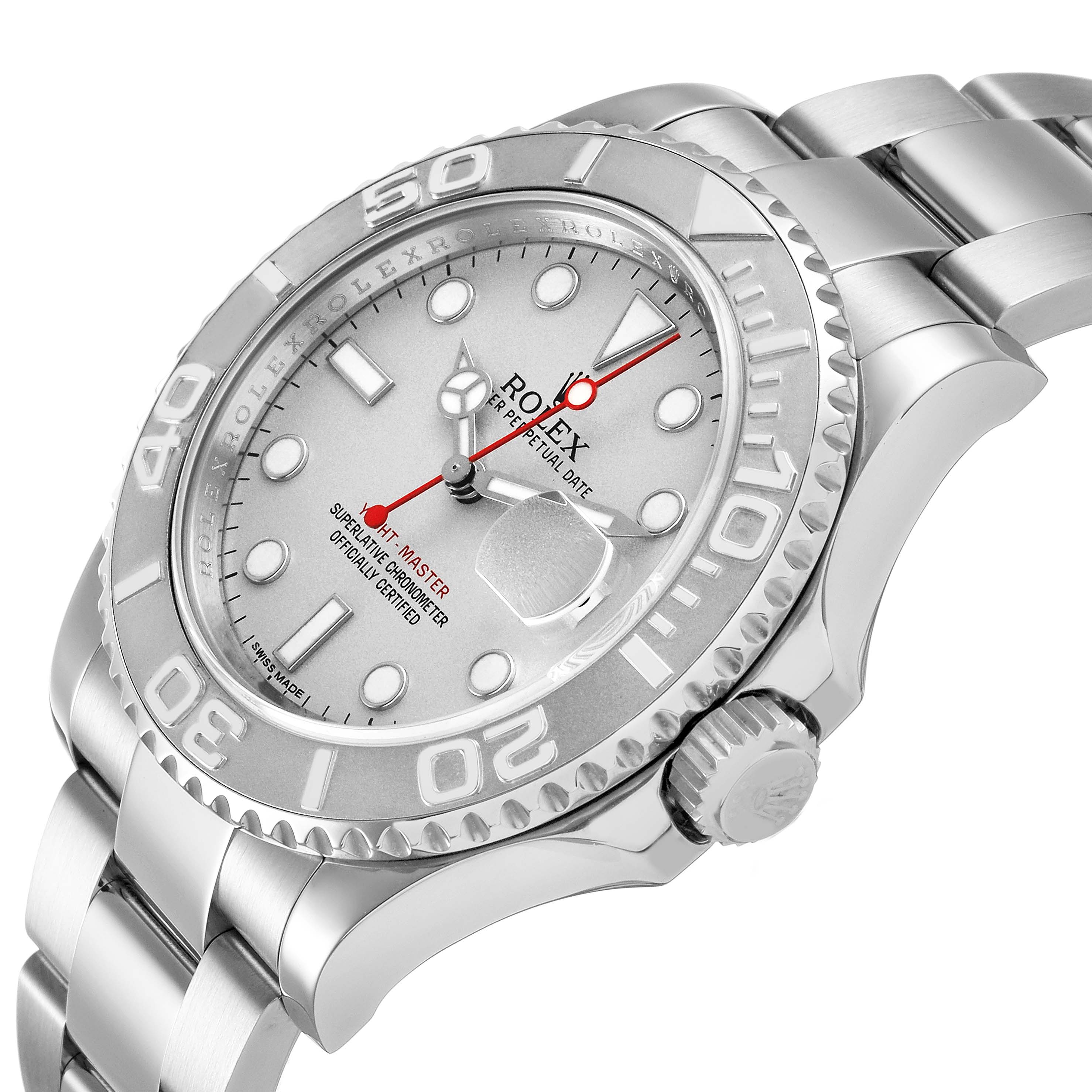 The Rolex Yacht-Master 116622 Men's Stainless Steel Silver Dial watch is shown at an angled view, highlighting the face, bezel, and side profile with the crown.