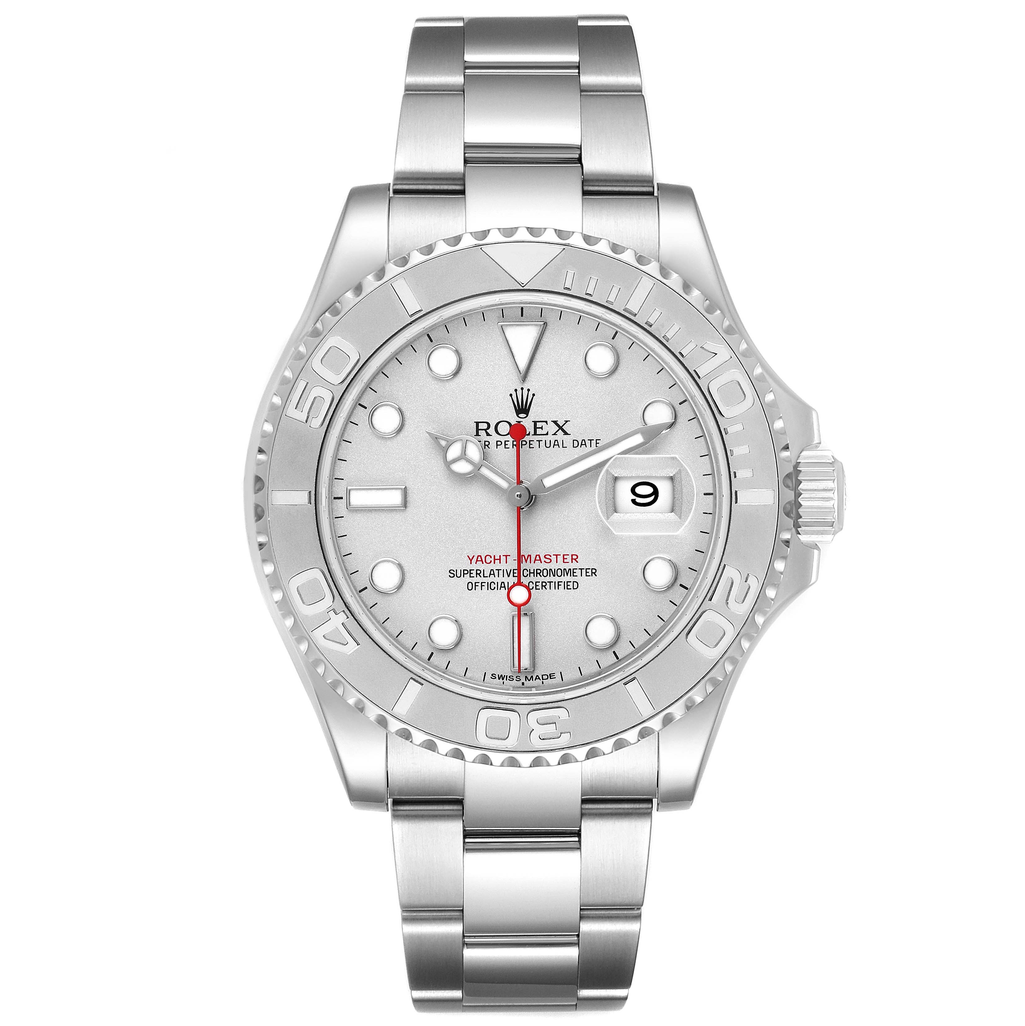 The image shows a front view of the Rolex Yacht-Master 116622 Men's Stainless Steel Silver Dial watch, highlighting its face, bezel, bracelet, and crown.