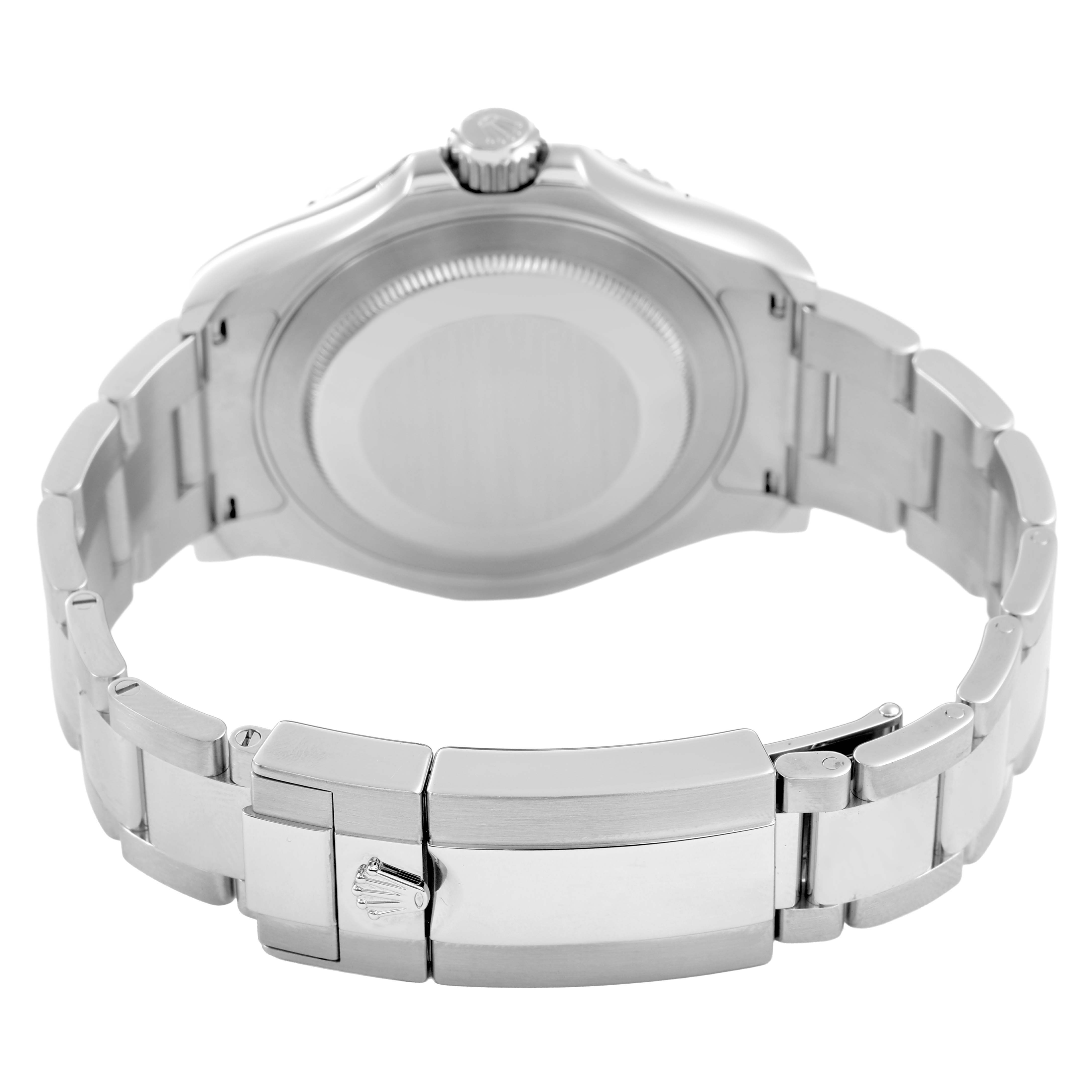 The image shows the back of a Rolex Yacht-Master 116622 Men's Stainless Steel Silver Dial, highlighting the case back and bracelet clasp.