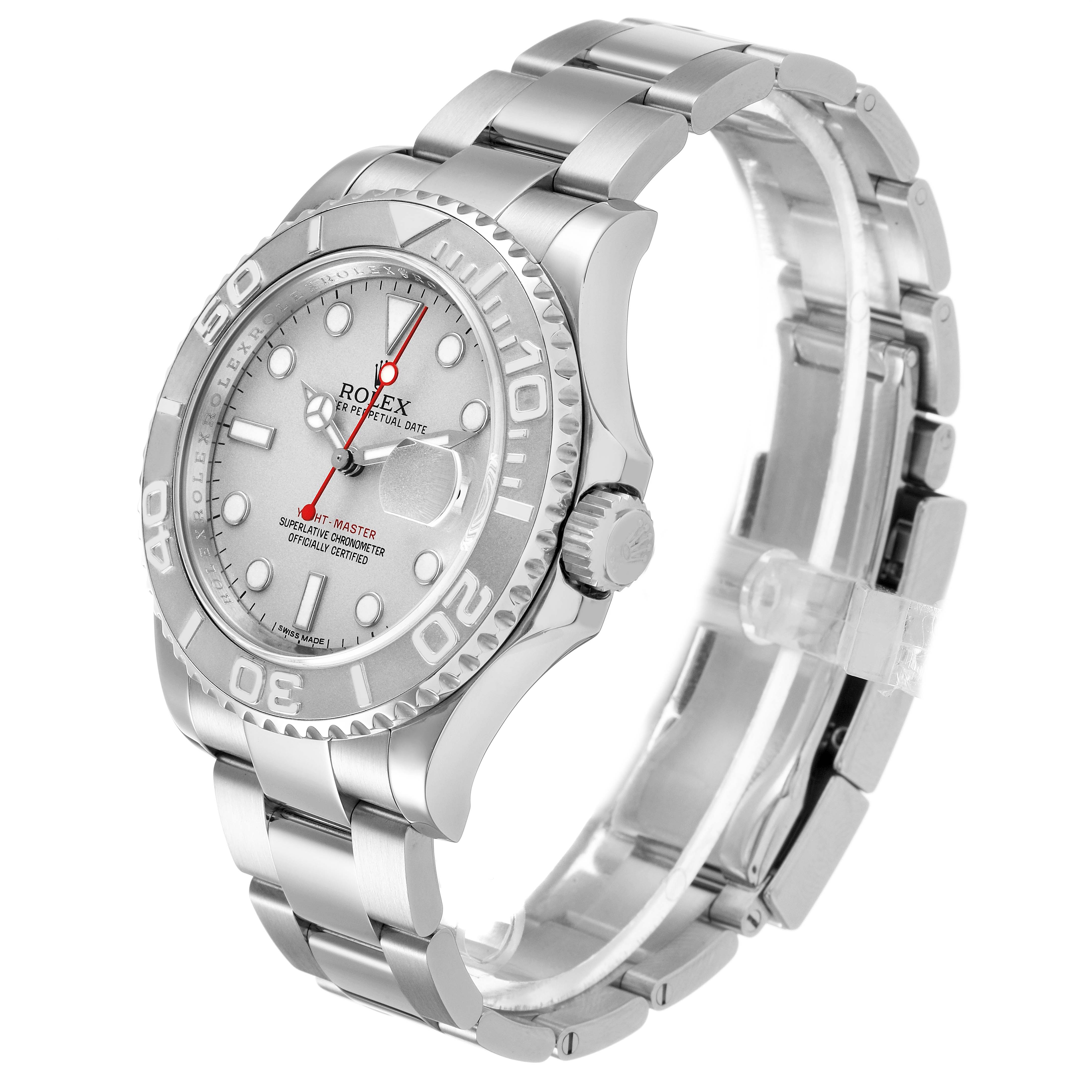 This Rolex Yacht-Master 116622 Men's Stainless Steel Silver Dial watch is shown at a side angle, displaying the bezel, dial, crown, and bracelet.