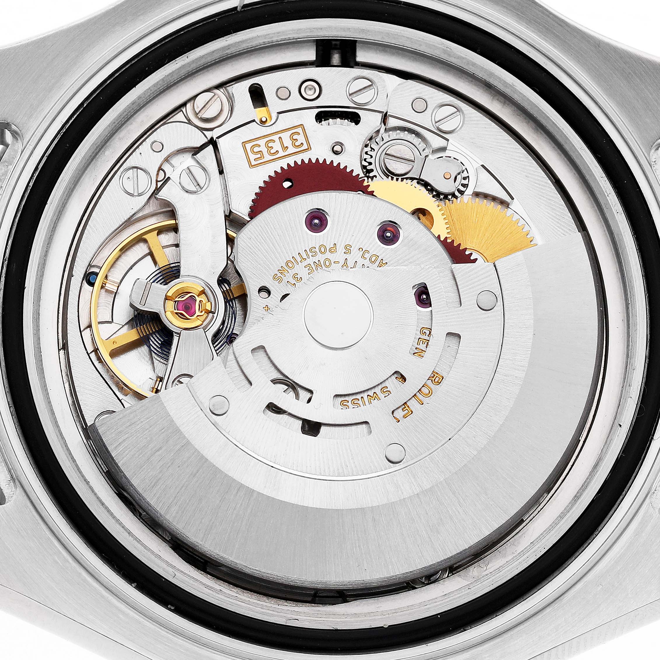 The image shows the movement mechanism of the Rolex Yacht-Master 116622 Men's Stainless Steel Silver Dial, viewed from the back, revealing intricate gears and components.
